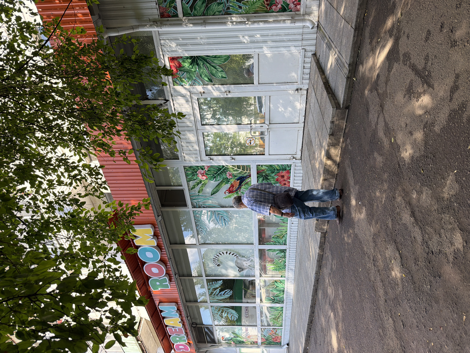 A man in a plaid shirt and blue jeans is walking away from a building with large glass windows. The windows are decorated with colorful tropical foliage and images of birds and a lemur. The building has a red corrugated metal roof. In front of the windows, a sign reads "DREAM ROOM" in large, multicolored letters. The scene appears to be outdoors, with sunlight casting shadows on the asphalt sidewalk and ground. A large tree with green leaves is visible on the left side of the image, partially obscuring the building. The overall impression is of a sunny day, possibly in a city or town setting, given the urban-like sidewalk and building facade. The man's posture suggests he is looking down or is in the process of walking. There are no strong emotional cues conveyed by the man. The time of day appears to be daytime due to the sunlight and shadows. The location is identified as Chaikovsky, Russia.
