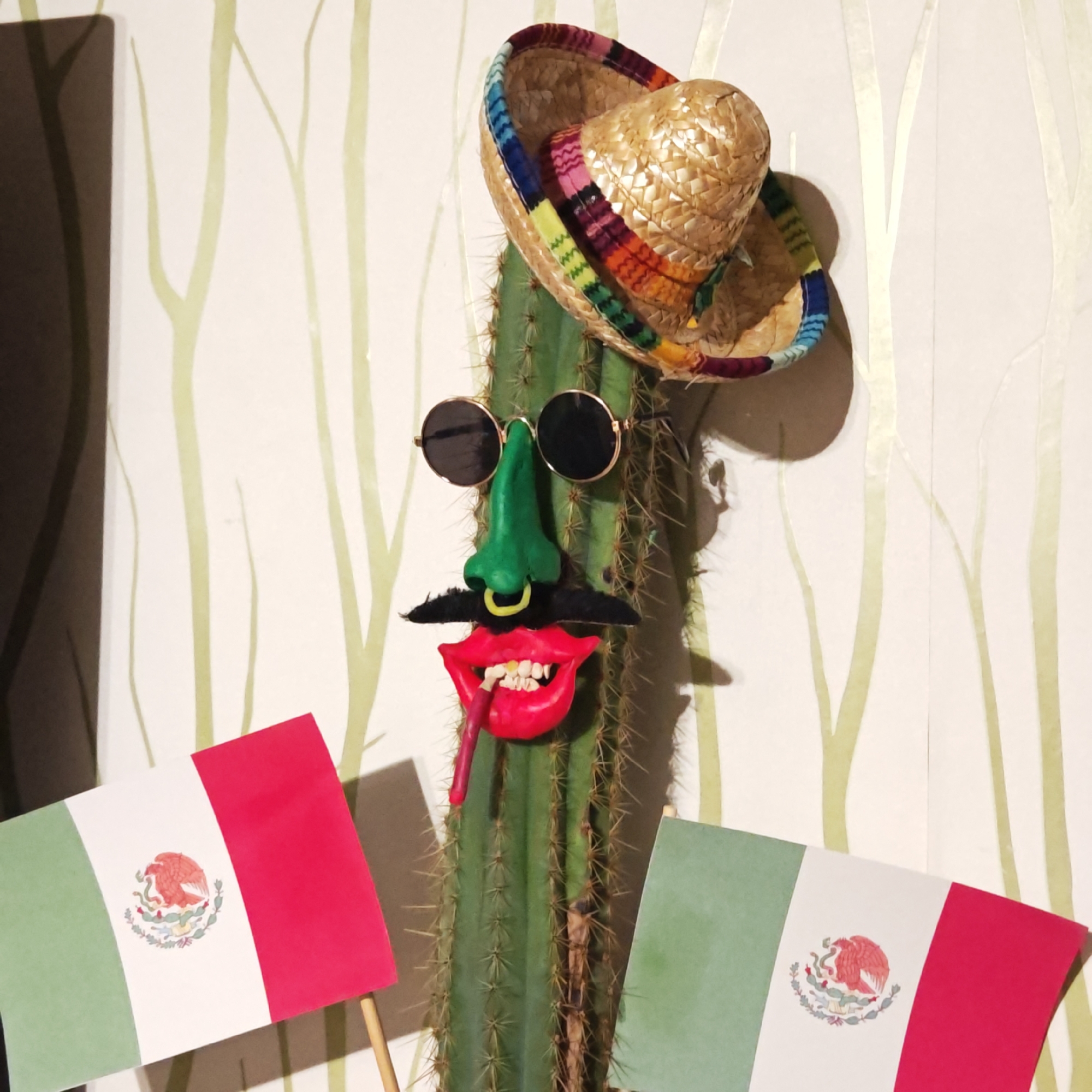 An indoor shot captures a tall, green columnar cactus humorously decorated to resemble a Mexican-themed character. Perched on top of the cactus is a small, woven straw sombrero with a vibrant, rainbow-colored band. Below it, a pair of dark, circular sunglasses with thin gold frames serves as eyes. A bright green, sculpted nose, complete with a small yellow ring simulating a piercing, sits below the sunglasses. A bushy black fake mustache is adhered beneath the nose. The face is completed by exaggerated bright red lips, showing white teeth, with a red object (possibly a fake cigar or candy stick) protruding from the side.
In the foreground, two small Mexican flags are displayed, one on the left and one on the right. Both flags feature the characteristic green, white, and red vertical stripes, with the national emblem—an eagle devouring a snake while perched on a nopal cactus—visible in the white central stripe. The background consists of a light-colored wall adorned with subtle, light green, stylized tree or branch patterns. A dark shadow runs down the left side of the image, suggesting an adjacent object or wall.
The overall scene creates a festive and playful atmosphere, likely set up for a celebration or themed event, despite its location in Novo-Nikol'skoe, Russia. The lighting appears to be ambient indoor light, and no specific time of day or outdoor weather conditions are discernible. There is no visible text other than the stylized emblem on the flags.
