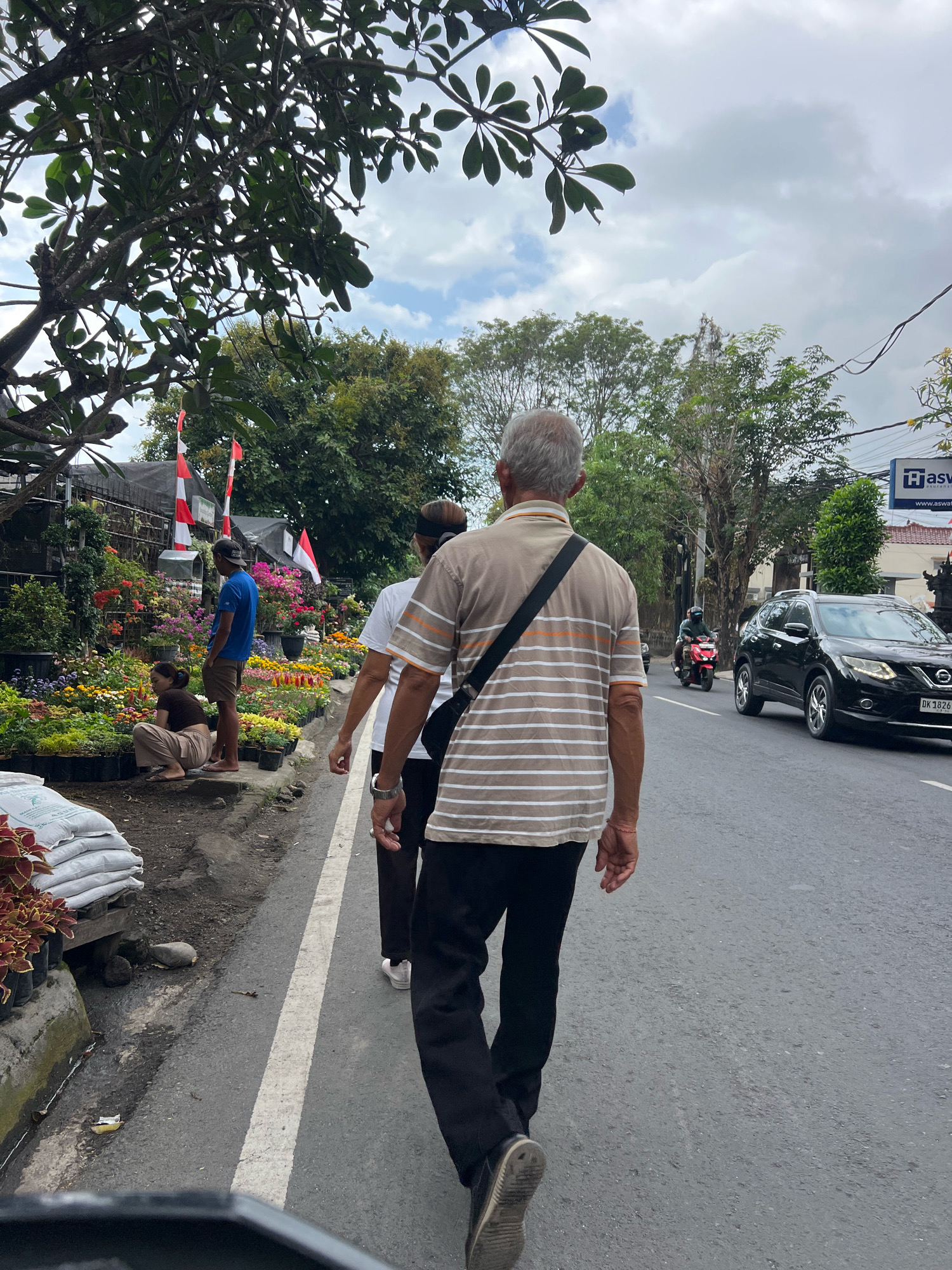 An outdoor, medium shot captures a street scene in Denpasar, Indonesia, on a cloudy day. The foreground features the back of an older man with gray hair, wearing a tan and white striped t-shirt and black pants, walking away from the camera. He has a black bag slung across his chest. To his left, a woman in a white t-shirt and black pants walks alongside him. Further left, on the side of the road, a man in a blue t-shirt and brown shorts stands next to a woman crouching down, both amidst a colorful display of potted flowers. The flowers, arranged in rows, include various species with red, pink, yellow, and white blooms. Behind the flowers, Indonesian flags are visible. A black SUV is driving on the right side of the asphalt road, and a red motorcycle is approaching from the distance on the same road. Trees and buildings line the street in the background, with a sign for "Hasw" visible on one of the buildings. The street is marked with a white line, separating the walking area from the vehicular lane. Bags of soil or fertilizer are stacked on the left side of the walkway, in front of the flower stalls.