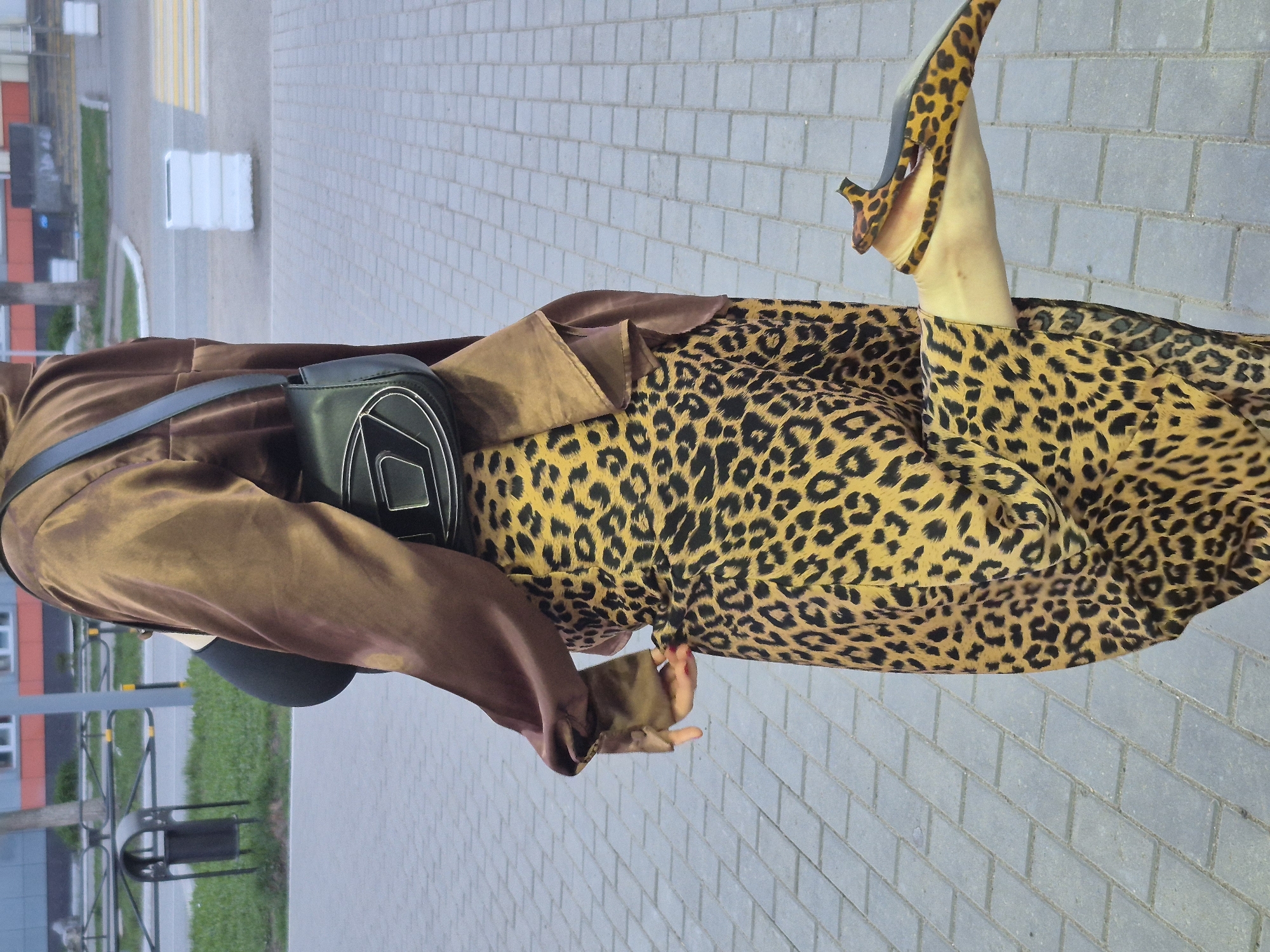 A vertical, full-body shot depicts a person wearing a brown satin coat over a yellow and black leopard print dress and matching heels. A black purse is slung across the body. The setting is a brick-paved area in Chaikovsky, Russia. In the background, there is green grass, trees, a white crosswalk, and a multi-story building.
