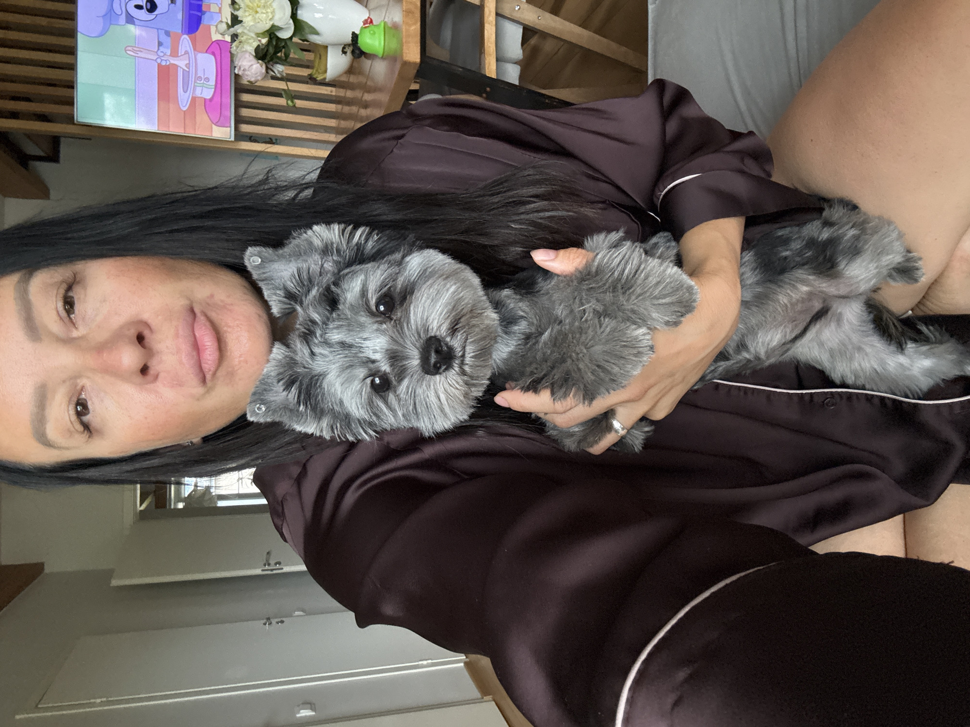 A woman is taking a selfie while holding a small, grey dog. She is wearing a dark brown satin robe with white piping. The dog has fluffy grey fur and dark eyes. The background shows a bedroom with a wooden headboard, two doors, and a television screen displaying a cartoon. A table with flowers and fruit is visible to the right of the woman. The lighting is natural, suggesting daytime. There is no information in the image to indicate the location is in Chaikovsky, Russia.