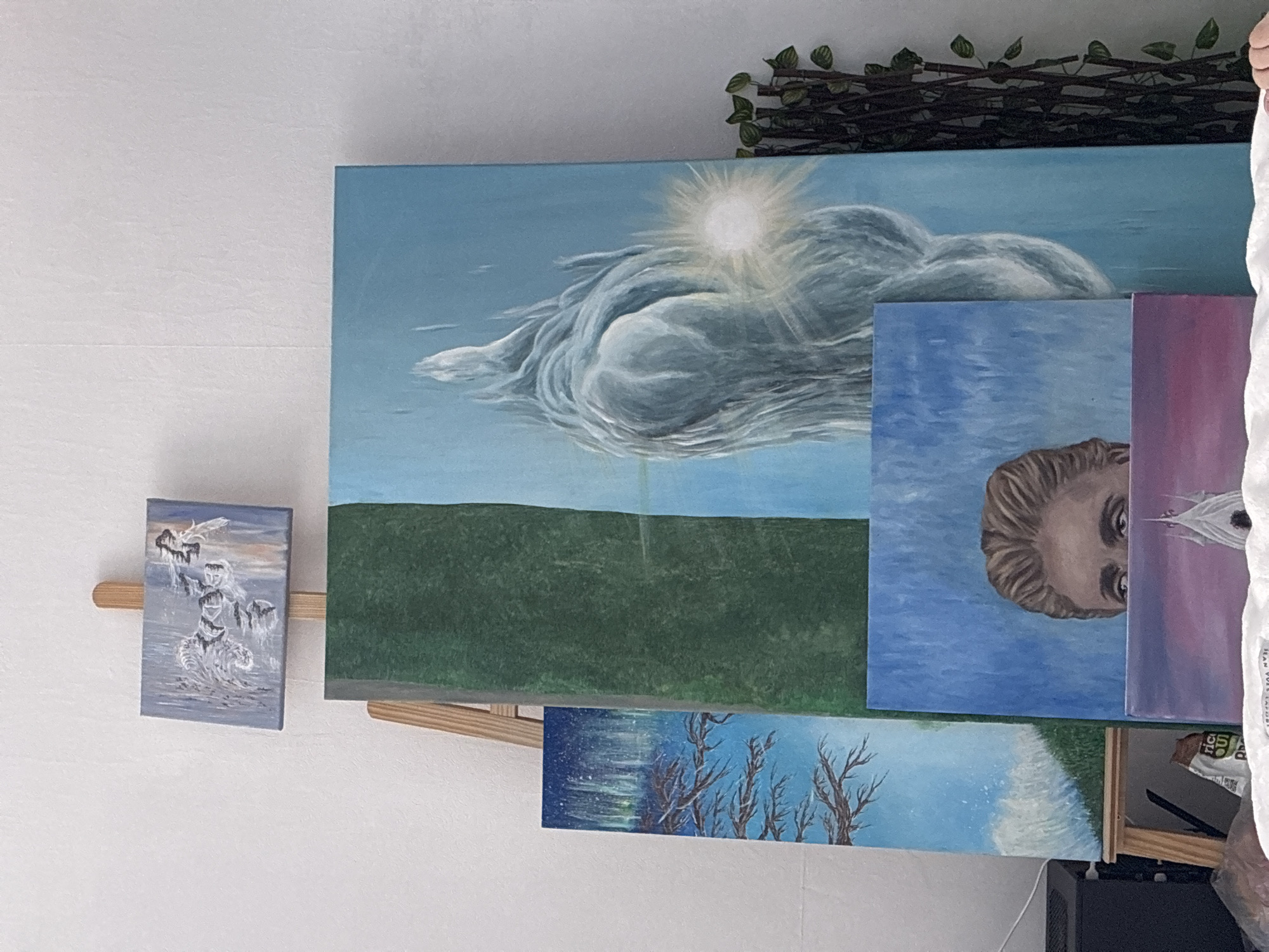 The image shows a collection of paintings arranged on a wall. At the top is a horizontal painting of a sky with a large, luminous cloud and the sun. Below this is a green field landscape. To the left is a smaller, vertically oriented painting of what appears to be a landscape with snow. Partially obscured by the larger paintings, at the bottom, is a winter-themed landscape with bare trees. To the right of the first set of paintings is a painting depicting a person's face partially hidden. A small segment of the bottom right corner of the frame is visible, showing a person in a white shirt holding the paintings. A vine-like decoration is visible along the top of the image. The location is unknown.