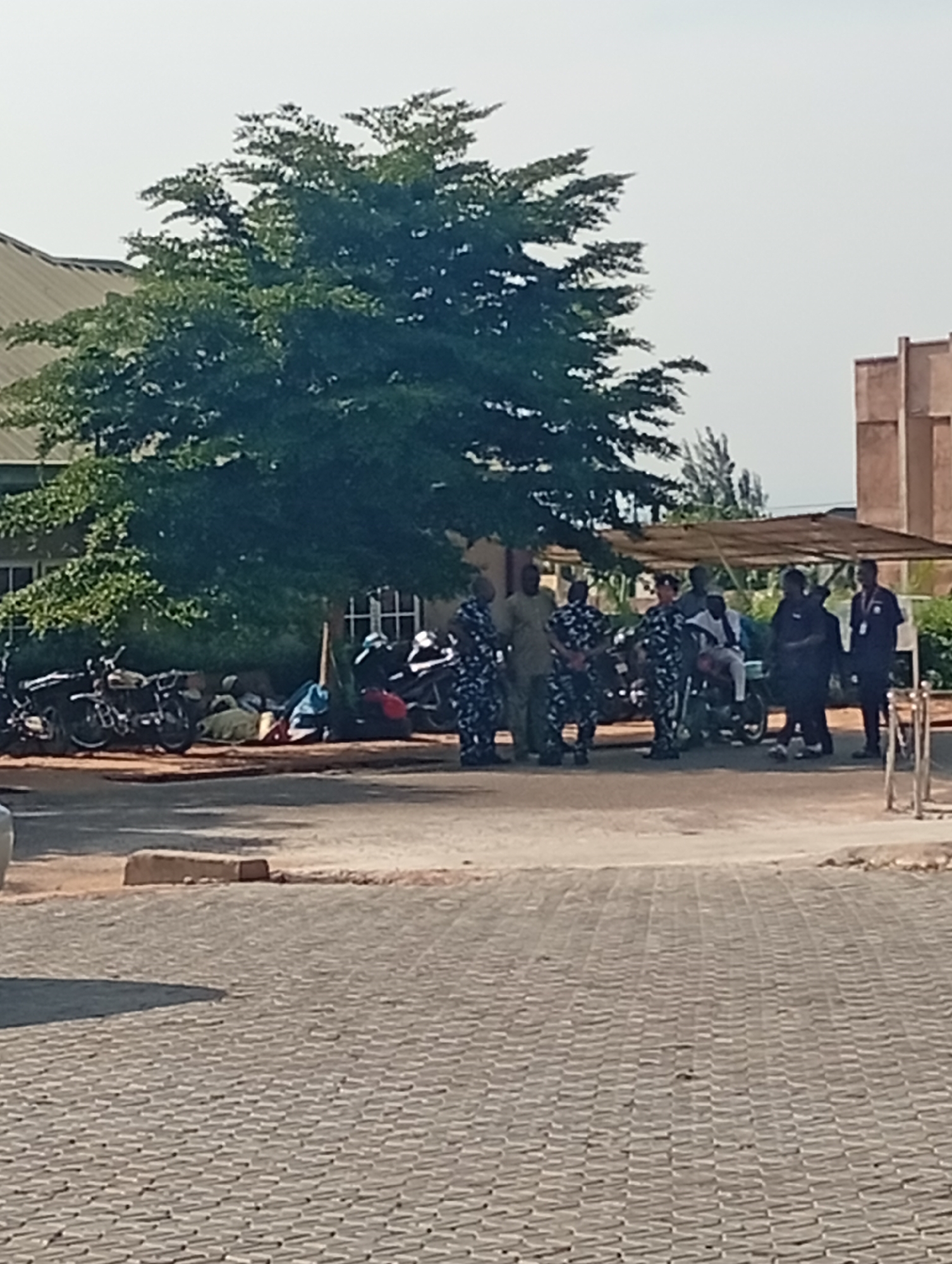 In the city of Gombe, Nigeria, a group of approximately eight men, some in police-style uniforms with camouflage patterns, are gathered near several motorcycles. The men appear to be standing and talking, with some seated on or near the motorcycles. Luggage, including duffel bags and what appear to be blankets or sleeping rolls, is piled on the ground near the motorcycles. A large tree with dense foliage provides shade over part of the scene, and a building with a light-colored facade and arched windows is visible in the background. The ground is covered in a patterned pavement. The sky is clear and bright.