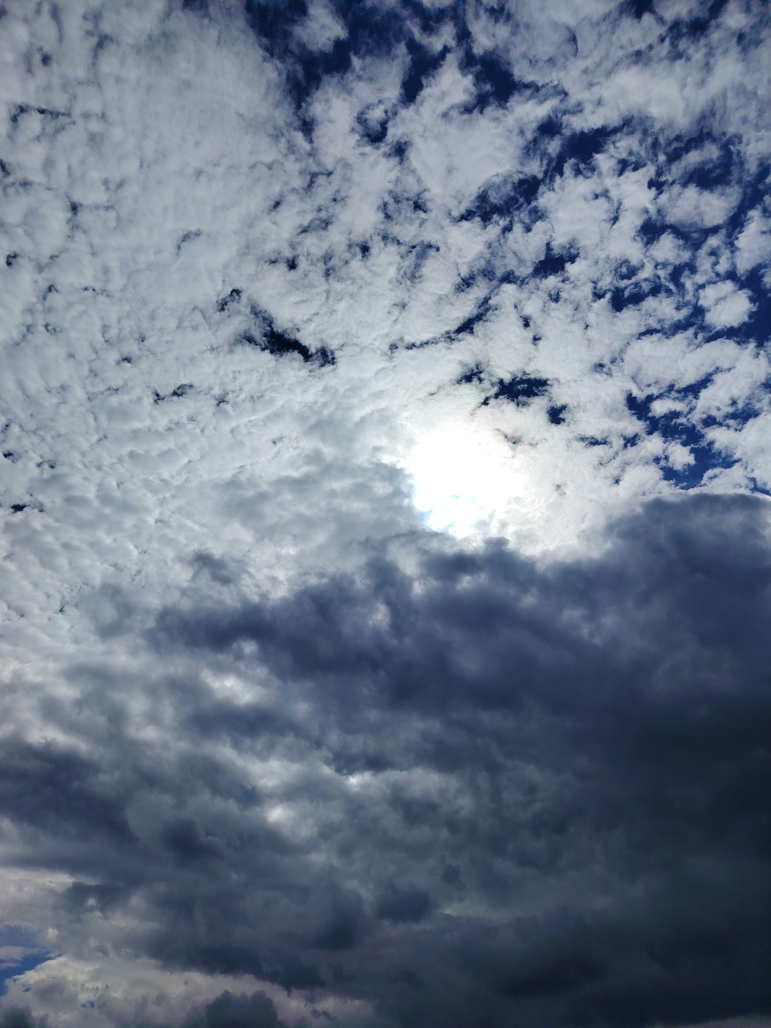 The image shows a sky filled with a mix of light and dark clouds, with the sun partially obscured. The clouds are varied in texture and density, ranging from wispy, bright formations to heavy, dark masses. Patches of deep blue sky are visible between the clouds. The lighting suggests a dynamic weather condition, possibly indicating an approaching storm or the clearing after one. The perspective is from the ground looking upwards, implying an outdoor scene. The location is specified as Хоругвино, Russia. There are no people, subjects, or objects other than the sky and clouds visible in the image.