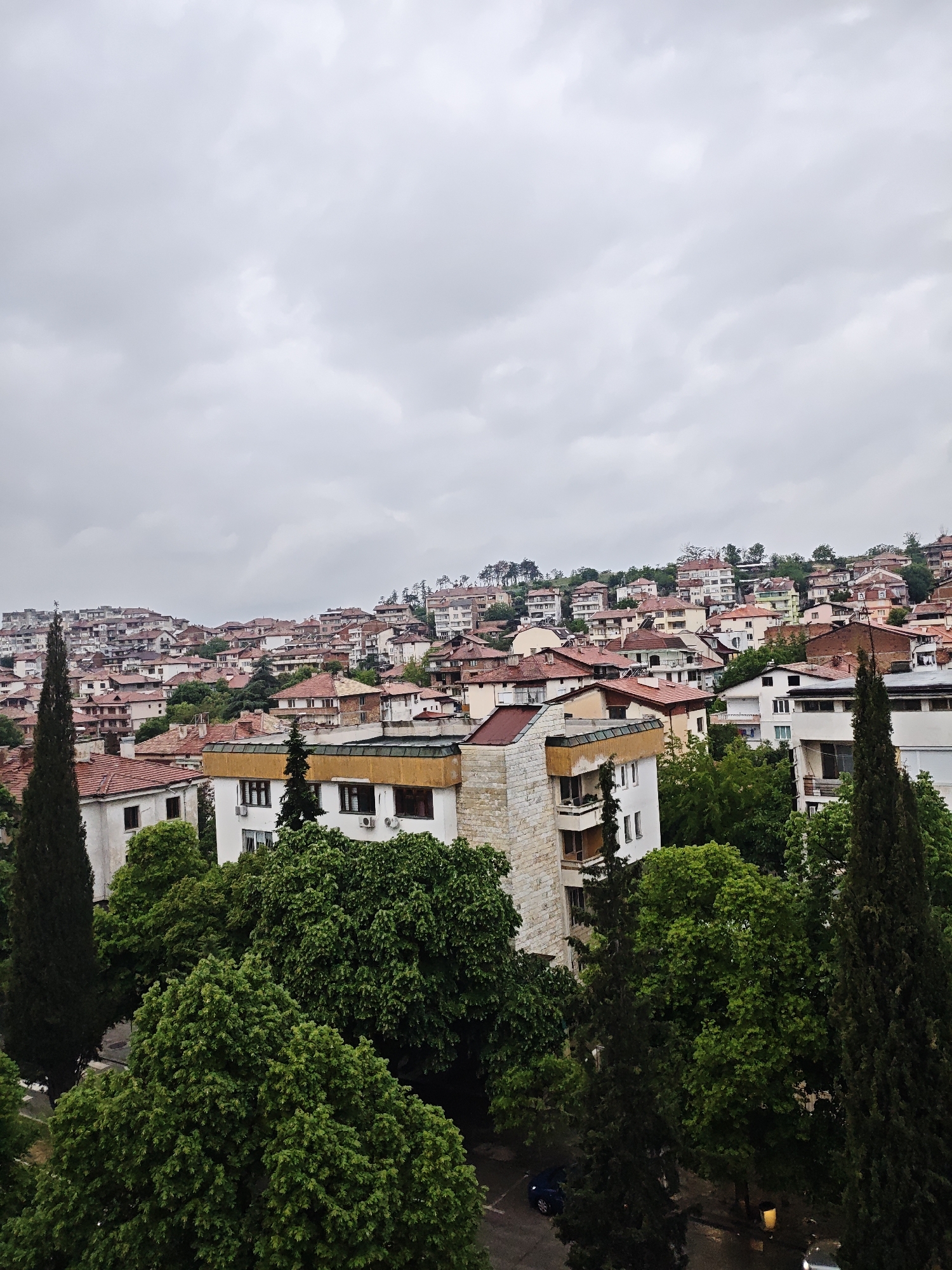 The image shows a cityscape in Unknown, Unknown, under a cloudy sky. The scene is viewed from an elevated position, overlooking a mix of residential buildings with red-tiled roofs, interspersed with green trees. In the foreground, there are several tall, slender trees and larger deciduous trees with dense foliage. The buildings are of varying heights and styles, some with white facades and others with stone or brick exteriors. A few buildings have visible balconies. In the background, the cityscape extends up a hill, with numerous buildings densely packed together. There is a parking lot with cars visible among the trees.
