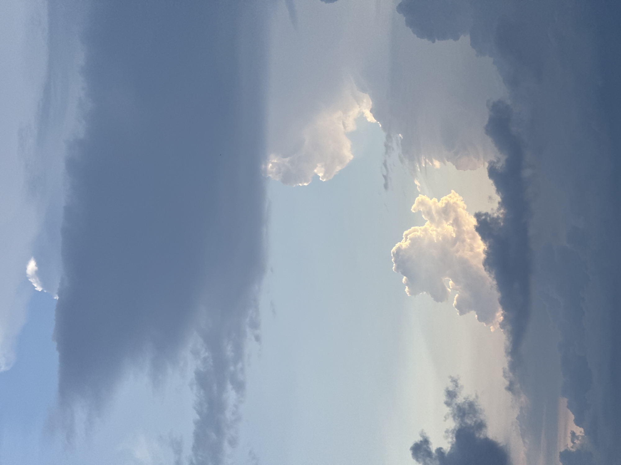 A low-angle, vertical full shot captures a dramatic sky filled with a variety of clouds. The sky transitions from a pale blue at the top to a softer hue towards the bottom. The clouds are predominantly shades of gray and white, with some illuminated by the sun, creating a contrast between light and shadow. The clouds are dense and textured, appearing to be in motion. No people, subjects, objects, or actions are visible. The scene is outdoors and appears to be a natural landscape of the sky. The location is identified as Sochi, Russia.