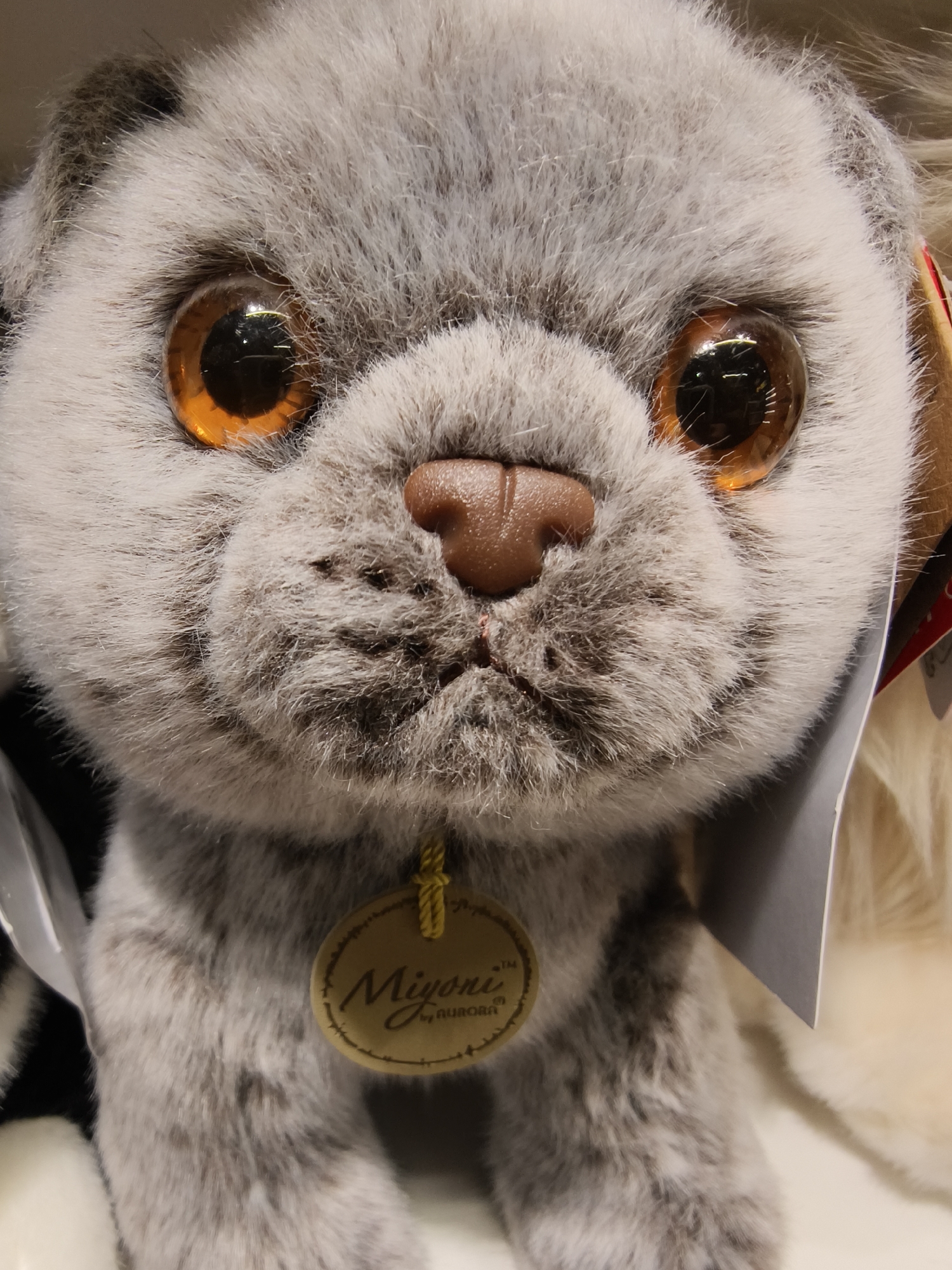 A close-up, head-on portrait captures a plush toy, likely a dog or cat, with its face dominating the frame. The toy features soft, short-pile fur in various shades of grey and light brown, giving it a textured appearance. Its most striking features are the two large, glossy, amber-orange eyes, which have dark, round pupils and reflect specks of light. A small, light brown, subtly textured nose sits centrally on its snout, above a lightly stitched mouth area.
Hanging from the toy's neck is a small, oval-shaped golden tag, suspended by a yellow cord. The tag clearly displays the text "Miyoni by AURORA™". Partially visible behind the toy's right ear (viewer's left) is a white or light grey tag, likely a product information tag. The background is softly blurred, showing hints of other plush toys or display materials, including a creamy-white furry texture on the right and some black and white patterns on the left, suggesting an indoor setting such as a retail store or toy display in Dnipro, Ukraine. The lighting is soft and even, highlighting the toy's features without harsh shadows.