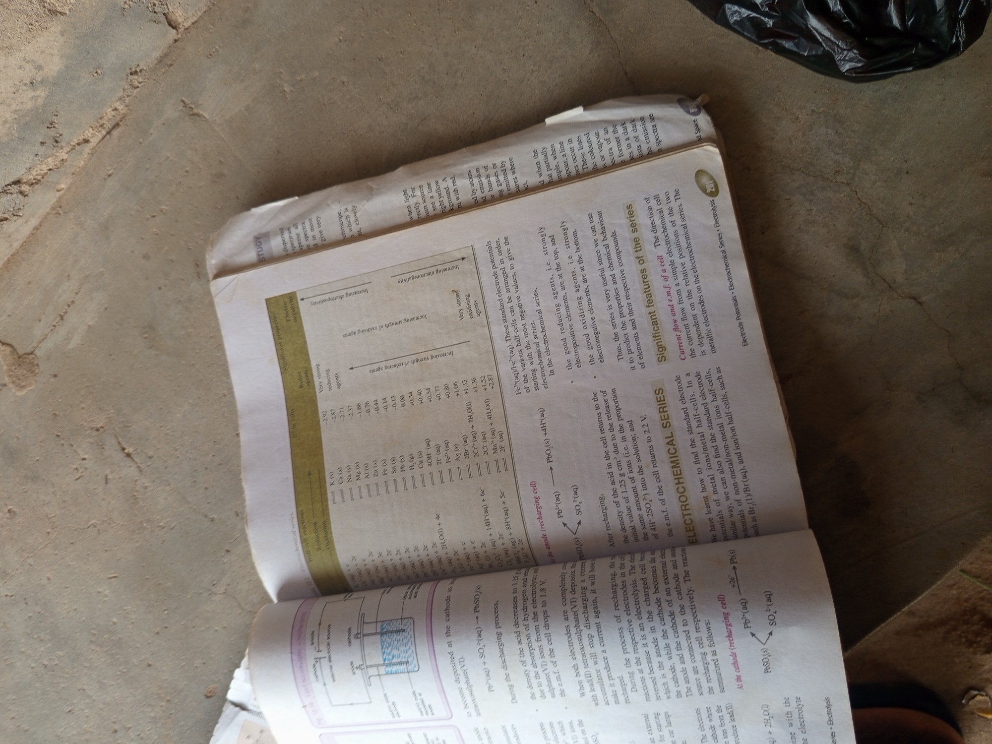 The image shows an open textbook lying on a textured, light-colored surface, possibly concrete or a similar rough material. The textbook is open to a page discussing electrochemistry, specifically detailing electrochemical series and electrode potentials.
On the left page, there is a diagram illustrating a lead-acid accumulator. It shows a container with electrodes labeled "anode" and "cathode" submerged in an electrolyte. The diagram is accompanied by text describing the process of recharging and the reactions occurring at the anode and cathode.
The right page features a table listing standard electrode potentials for various half-cells, along with classifications of reducing and oxidizing agents. Text below the table discusses the significance of the electrochemical series, particularly in relation to current flow and electromotive force (e.m.f.) of a cell.
The overall scene suggests an academic or study environment. There are no people or any discernible elements of a cityscape. The lighting is uneven, with some areas brighter than others, indicating the light source is not directly overhead and might be coming from an angle. The background is out of focus but appears to be a rough, possibly outdoor surface.
There is no information within the image that can be used to determine its location in Jauro Yinu, Nigeria, or any other specific geographical location.