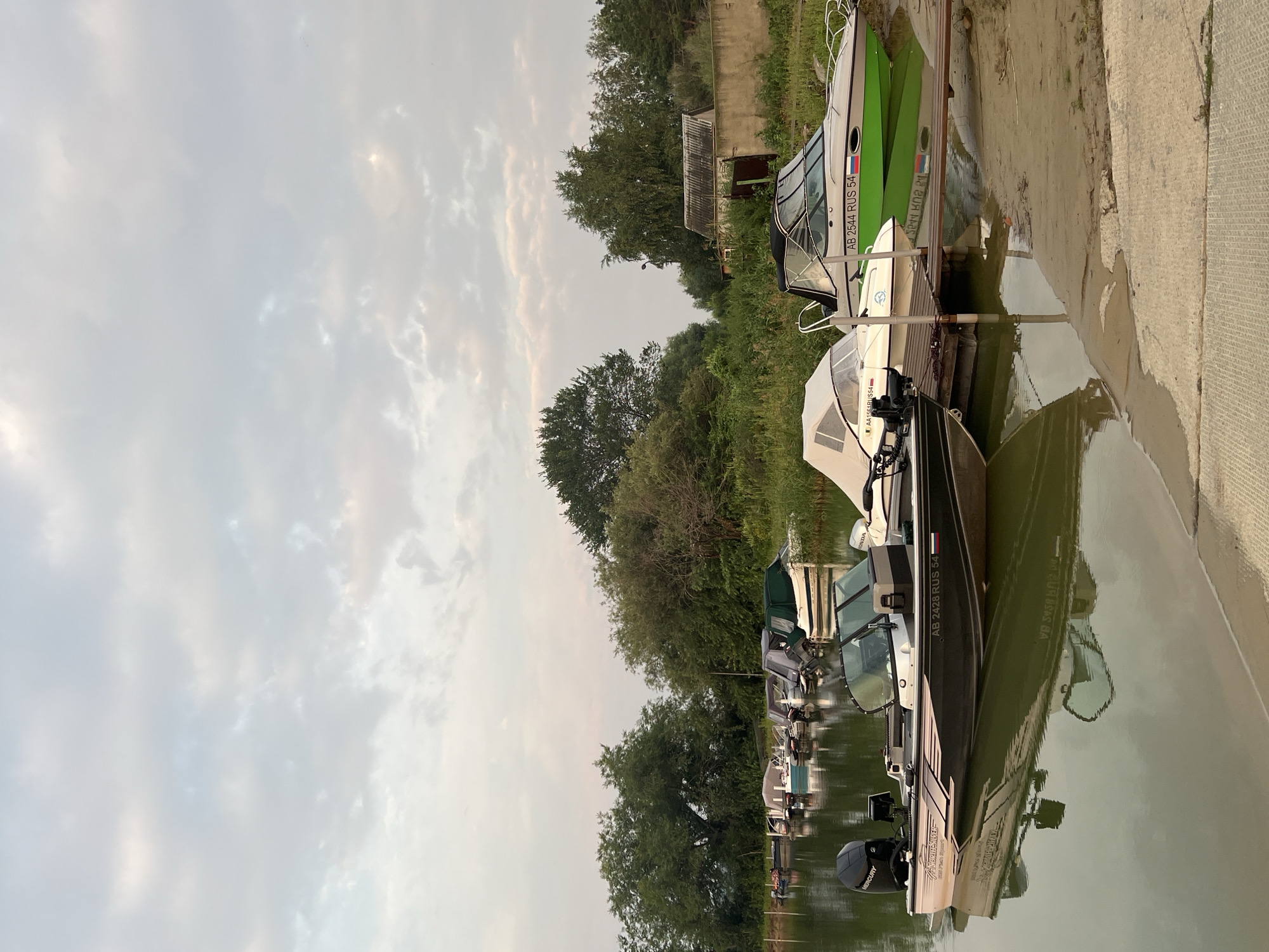 The image depicts a waterfront scene in Novopichugovo, Russia, featuring a variety of boats moored at a dock. The water is calm and reflects the overcast sky, which is filled with light clouds. In the foreground, a dark-colored motorboat with a black Mercury outboard motor is prominently displayed. To its right, a white and green motorboat with a black canopy is docked, displaying the registration "AB 2544 RUS 54". Behind these two boats, a row of smaller boats are lined up along the dock, some with covers. The shoreline is covered in lush green vegetation, and trees line the background. Further back, a small, weathered building with a corrugated roof is visible, suggesting a rural or semi-rural setting. The overall impression is one of a tranquil day at a lakeside or riverfront location.