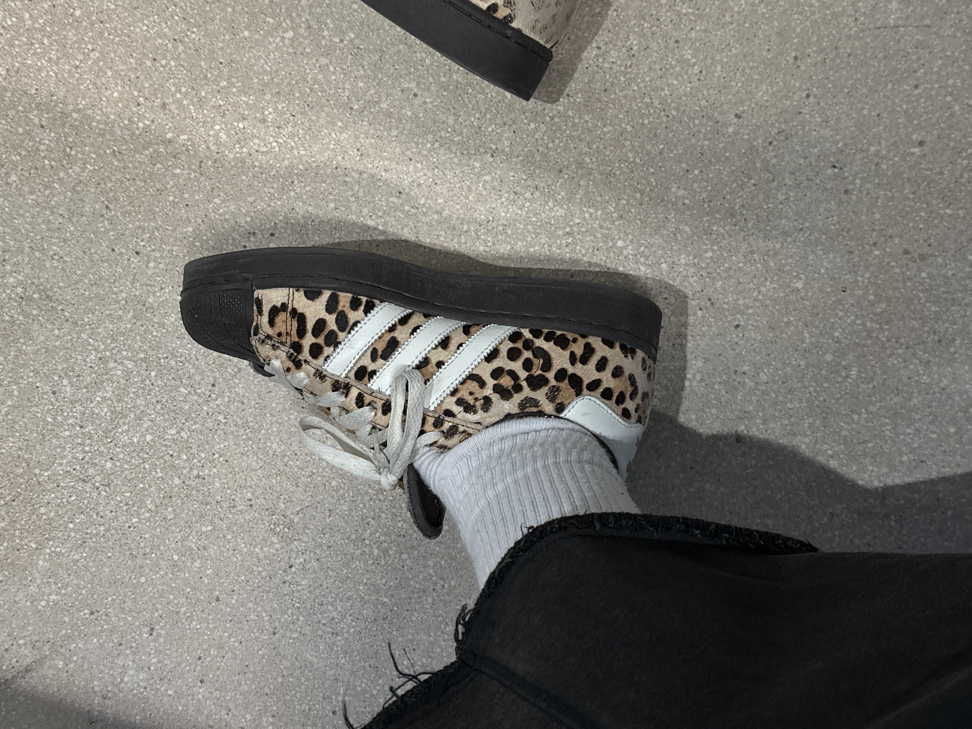 A photograph taken at a high angle shows a person wearing a black and tan leopard print Adidas Superstar sneaker, white socks, and black pants. The setting appears to be an indoor area with a gray concrete floor. Part of another sneaker, presumably the pair to the first, is seen at the top of the image. No specific landmarks or features indicating the city of Paris, France, are visible in the image.