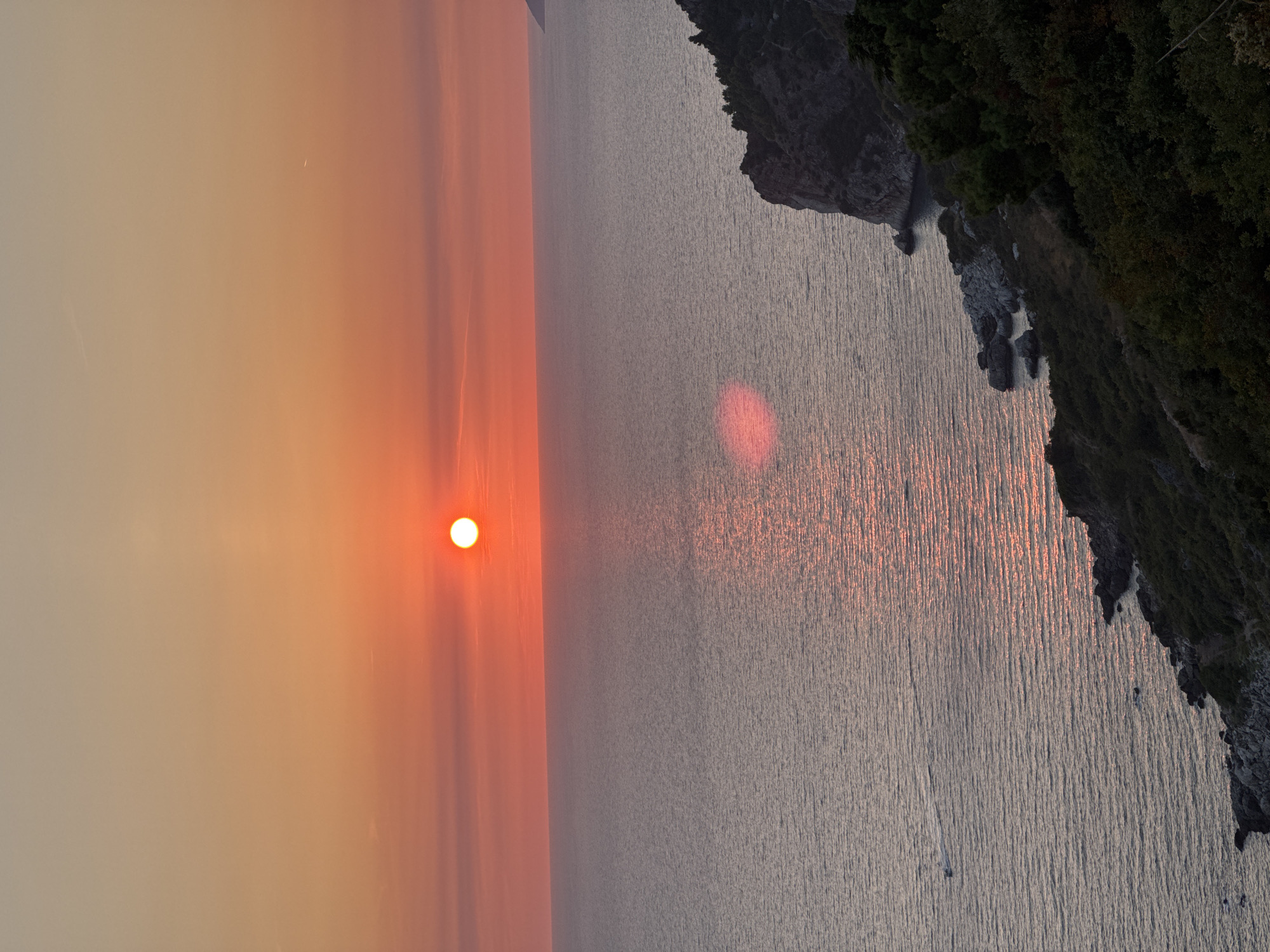 The image captures a sunset over the Adriatic Sea, viewed from a high vantage point near Donji Katun, Montenegro. The sun, a vibrant orange disc, is positioned in the upper center of the frame, casting a warm glow across the sky and the water. The sky transitions from a pale yellow at the top to a gradient of soft pink and orange hues closer to the horizon. The sea is calm, reflecting the colors of the sunset, with gentle ripples creating a textured surface.
On the right side of the image, a rocky coastline is visible, covered in dense green vegetation. The cliffs drop sharply towards the sea, with the rough texture of the rocks and the dark green of the trees creating a strong contrast against the lighter colors of the sky and water. A small boat is visible in the distance on the left side of the sea, leaving a faint wake. The overall scene evokes a sense of tranquility and natural beauty.
