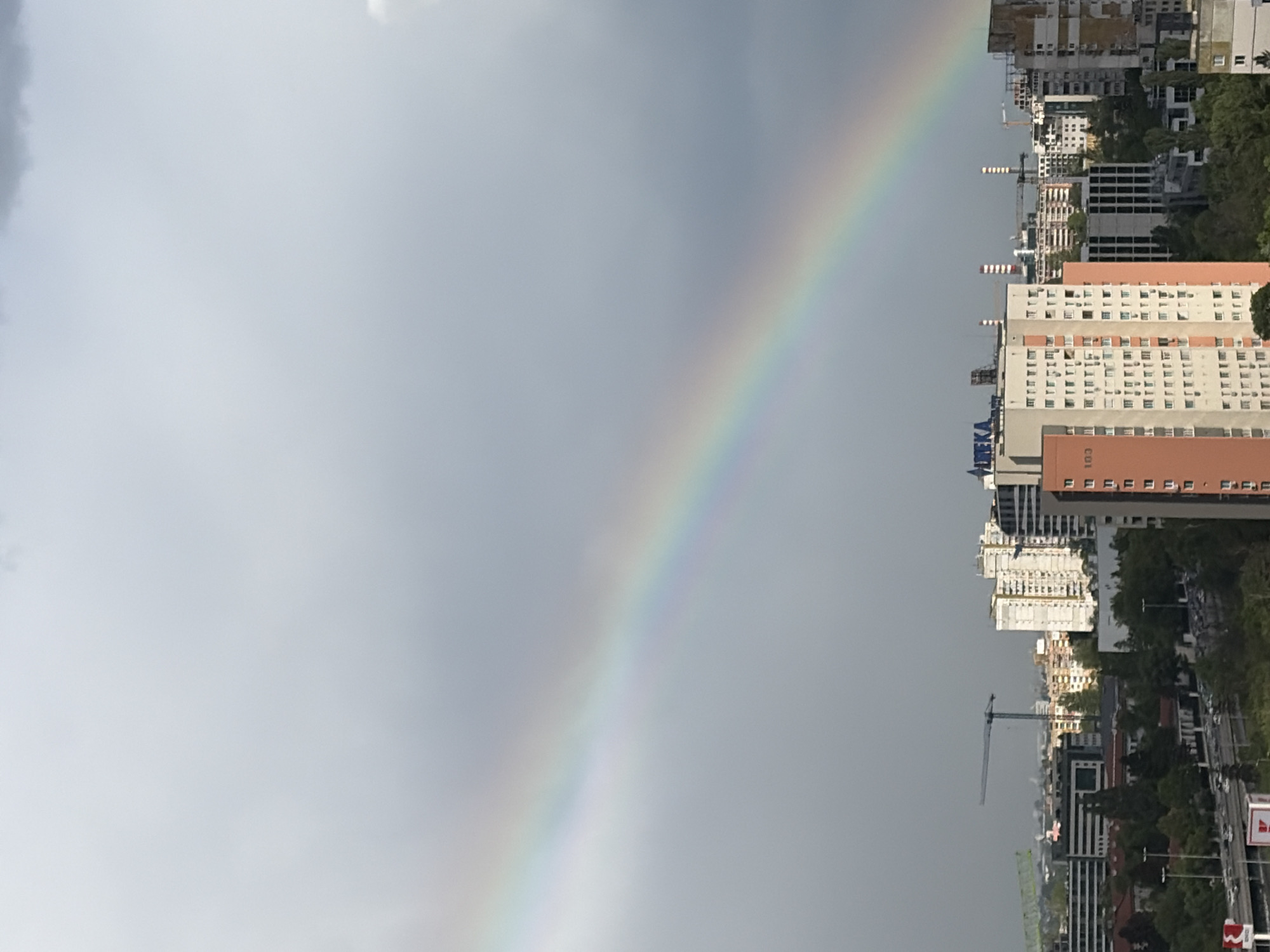 The image shows a view of a rainbow in an urban area. The left side of the image is dominated by a gray sky with a clear rainbow arc visible. The right side features a cityscape with several tall buildings, some with light-colored facades and others with a mix of light and reddish-brown sections. A construction crane is seen among the buildings. Trees line the base of the buildings, and a road with sparse traffic is visible. The city is Unknown, Unknown.