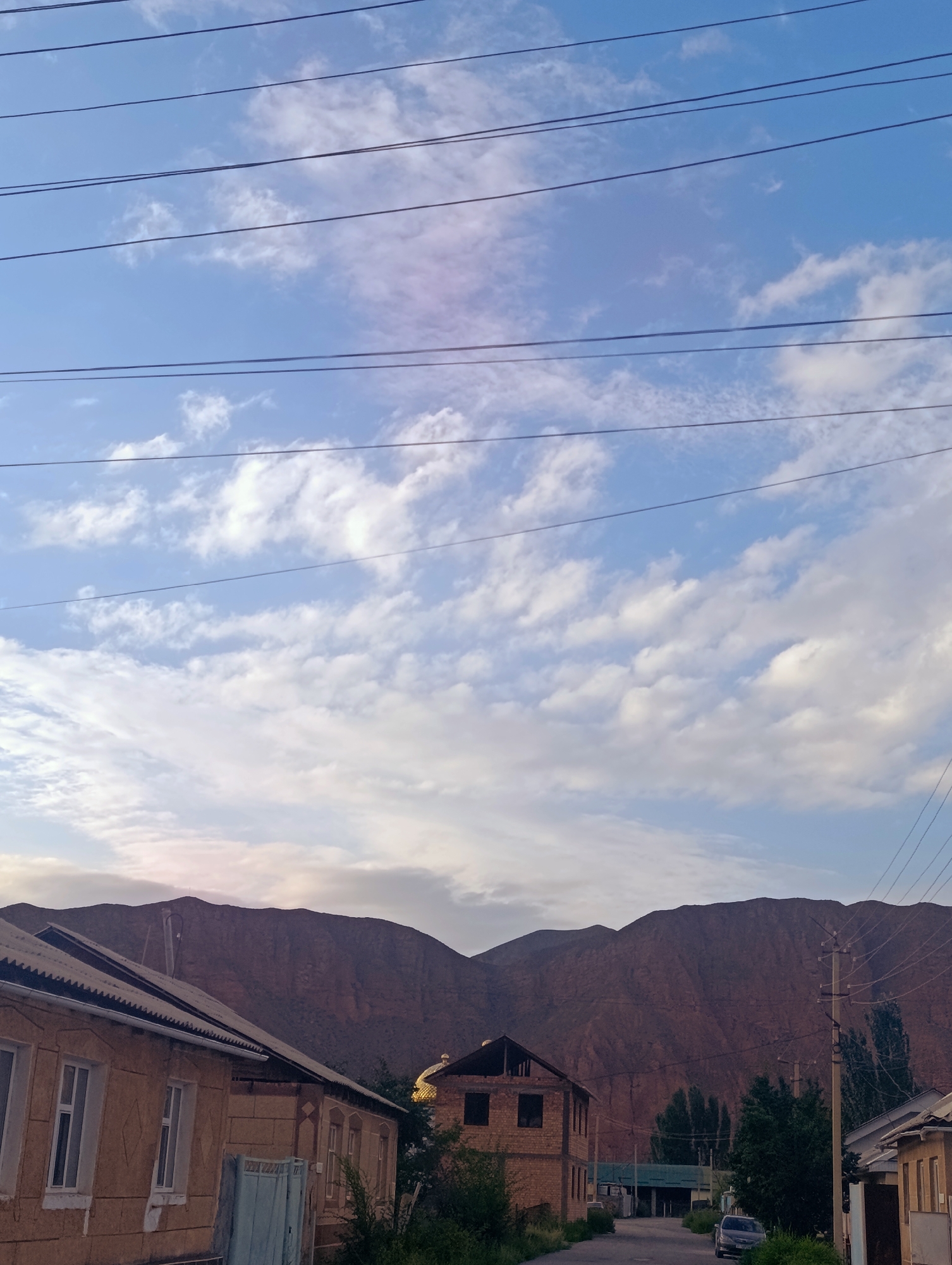 A view of a street in Naryn City, Kyrgyzstan, is presented, featuring several residential buildings and a backdrop of large, reddish-brown mountains under a partly cloudy sky. Overhead power lines stretch across the frame, obscuring parts of the sky. The buildings are low-rise, with visible architectural features like corrugated metal roofs on the closest structure to the left, and brick construction on a building further down the street. A light blue gate is visible on the left. Vegetation, including trees, is present between the buildings. A silver car is parked on the street. The overall impression is a rural or semi-rural setting within a mountainous region.