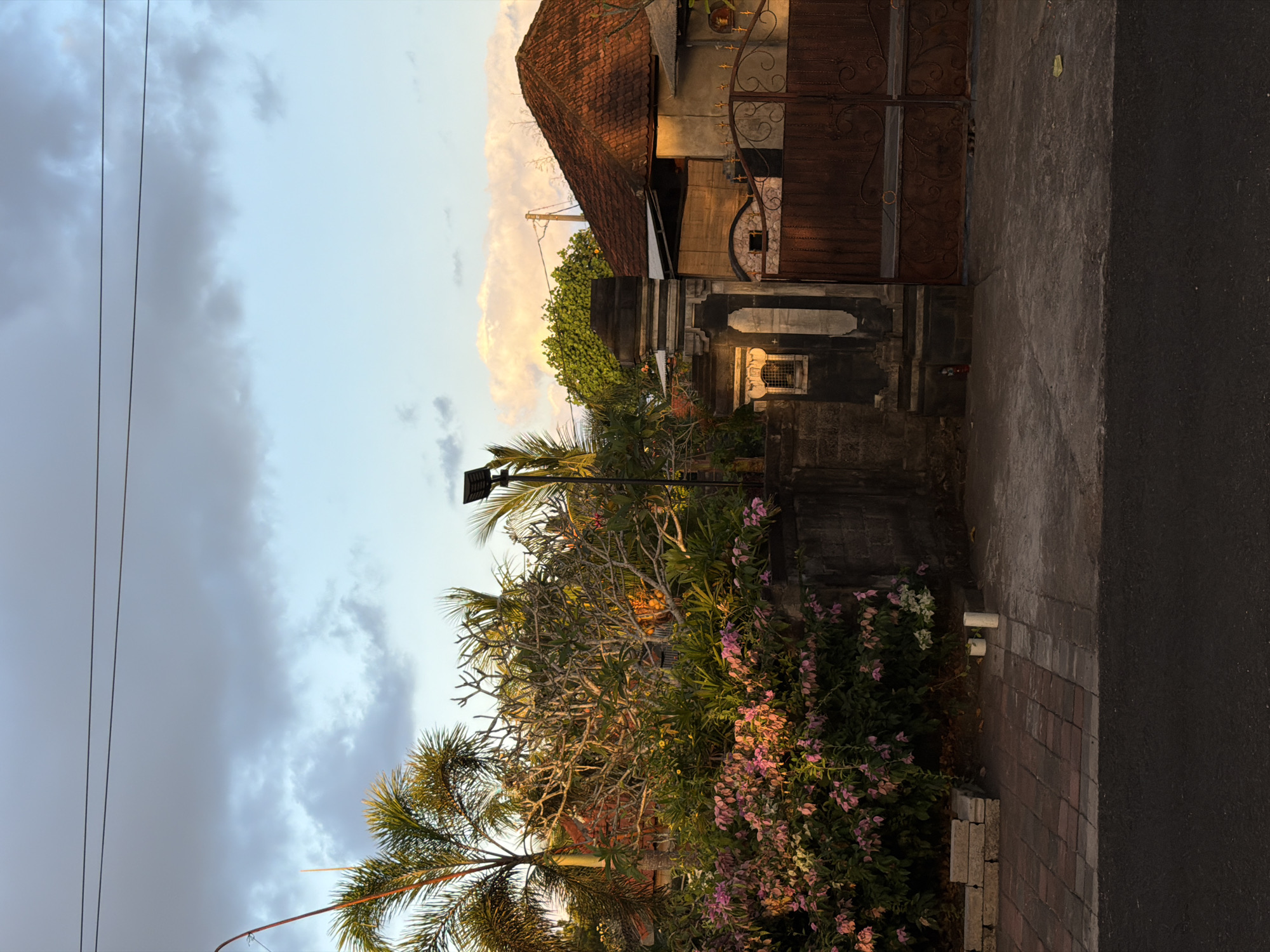 The image depicts a street scene in Kuta Selatan, Indonesia, at sunset. The foreground is an asphalt road, bordered by a brick sidewalk. To the right of the sidewalk is a concrete area with a large, ornate brown metal gate leading into a property. To the left of the gate is a stone pillar with decorative carvings.
Behind the pillar and gate, lush greenery is abundant. Palm trees with fronds reaching upwards are visible, as well as a large tree with bare branches and clusters of pink and white flowers. The vegetation is illuminated by the warm, golden light of the setting sun, creating a vibrant contrast with the shaded areas.
In the background, traditional Balinese architecture is evident. A house with a red tiled roof is visible, as well as other structures that appear to be part of a residential compound. The sky above is a mix of light blue with dramatic clouds tinged with orange and pink from the sunset. A streetlamp with a solar panel is mounted on a pole to the right of the scene. The overall impression is one of a tranquil tropical evening.