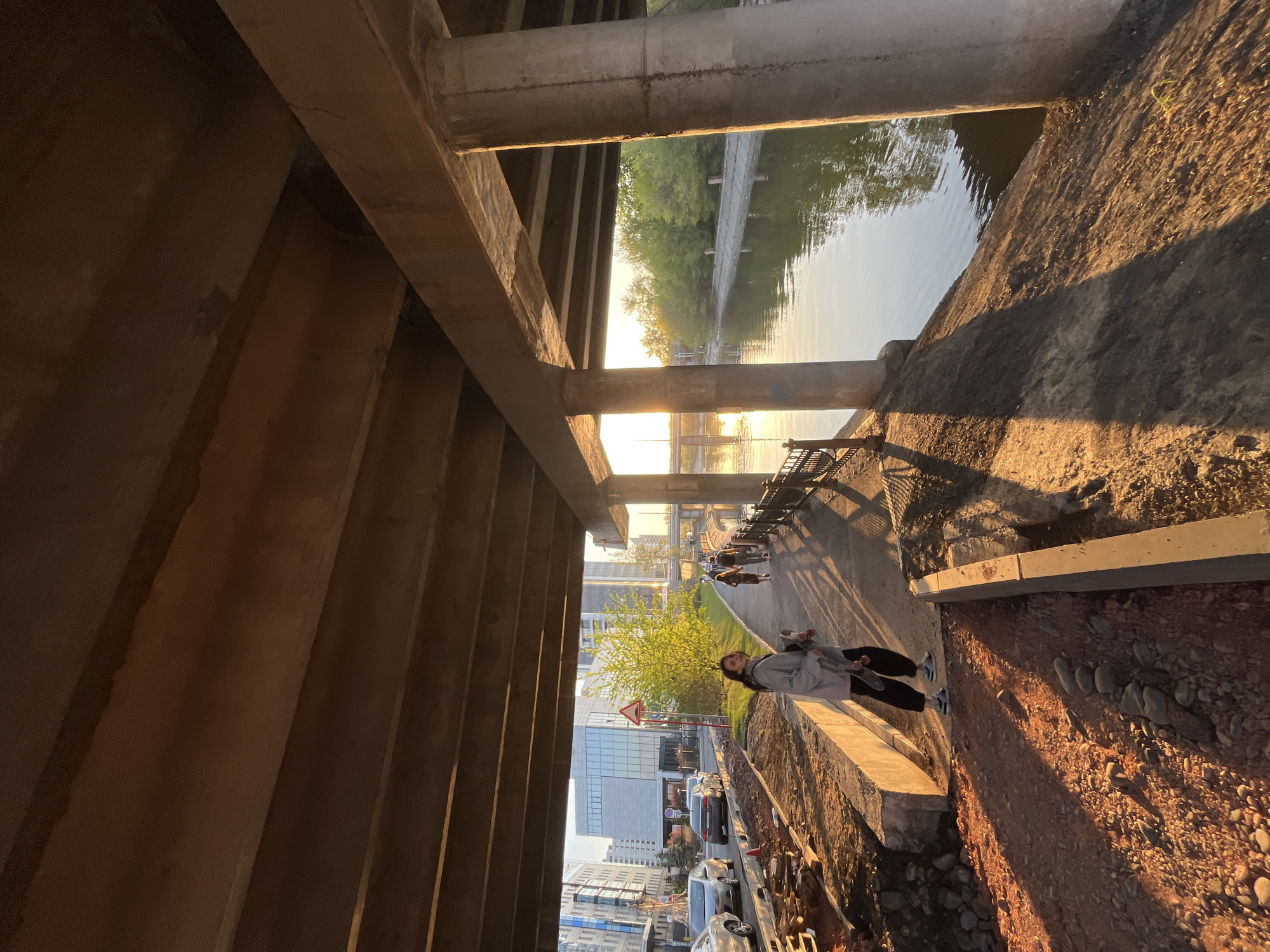 The image, taken in an urban environment, appears to be under a large concrete bridge or overpass. The perspective is from below, looking outwards. Concrete beams and supports of the structure dominate the left side of the frame.
To the right of the bridge supports, a walkway runs along the edge of a body of water, possibly a river or canal. The water reflects light, and trees line the opposite bank.
On the walkway, several people are visible. A woman stands closer to the camera, looking towards the right side. Further in the background, more people can be seen walking along the path.
Beyond the walkway, urban elements include buildings, streets, cars, and street signs, which suggests that the image was taken in a city. The environment seems to have construction work, indicated by exposed dirt and building materials on the walkway side.