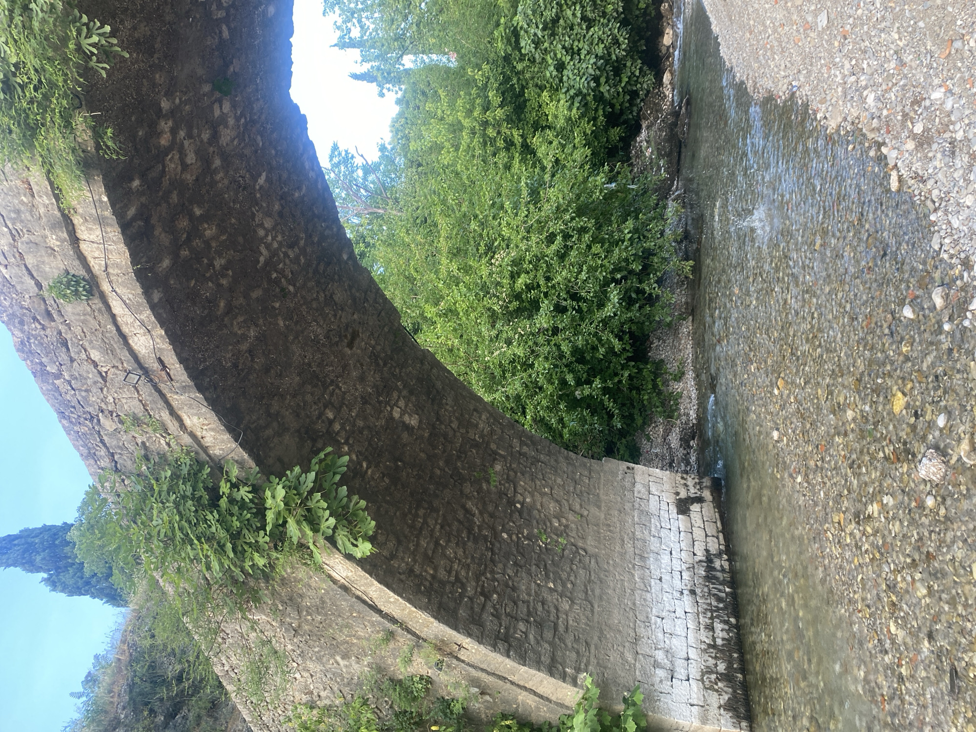 An old stone aqueduct or bridge, likely historic, curves prominently from the left of the frame towards the center. The structure is constructed from dark, irregularly cut stones, with sections closer to the ground featuring lighter, more regular stonework. Lush green vegetation, including ferns and plants with large, fig-like leaves, grows directly on the stone edifice. Thin dark cables or wires are visible running along parts of the structure.
Below and to the right of the stone arch, a shallow, clear stream flows over a bed of light-colored gravel and pebbles. The water reflects the sunlight, creating bright patterns. The bank opposite the stone structure is densely covered in vibrant green bushes and trees, suggesting a natural and uncultivated area. Above the archway and foliage, a bright, clear blue sky is visible, with a tall, slender cypress tree silhouetted against it in the upper left. The bright, even lighting indicates it is a sunny day, likely midday or early afternoon. The scene is devoid of people or discernible activity, conveying a sense of ancient tranquility. There is no visible text in the image. This setting aligns with the historical and natural landscapes found in locations like Podgorica, Montenegro.