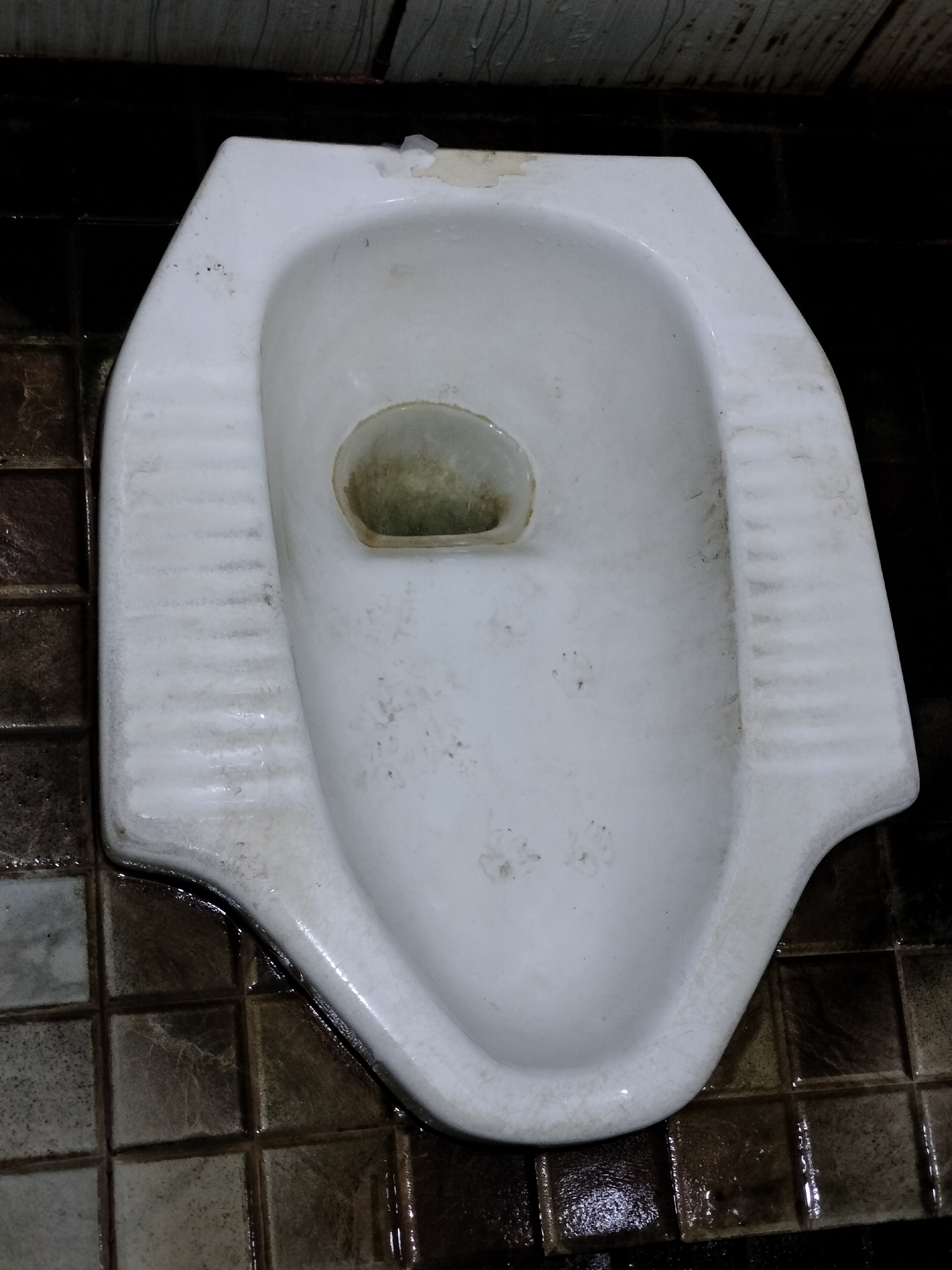 A squat toilet, likely in a public restroom, is visible from a top-down perspective. The toilet is white porcelain and has a characteristic oriental design. It appears to be made of ceramic and has a slightly aged appearance, with some staining and wear visible. The floor around the toilet is tiled with dark brown, square tiles. The tiles appear wet, suggesting the area may have been recently cleaned or is prone to moisture. In the background, a wall is visible, constructed of what appears to be dark tiles or a similar material. The overall impression is of a functional, though perhaps not immaculately maintained, restroom facility. The image does not provide specific clues about its exact location within Batam, Indonesia, but it is consistent with the typical appearance of public restrooms in the region. No people or specific actions are depicted.