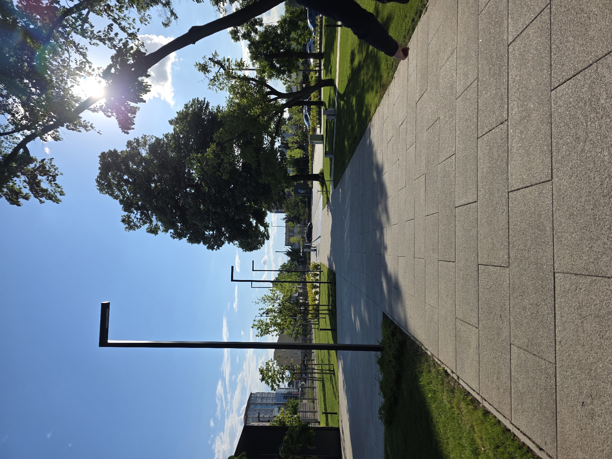 The image captures a walkway in Plovdiv, Bulgaria, constructed of rectangular, gray paving stones. A strip of green grass borders the walkway on the right side. On the left, modern, angular, black light fixtures are aligned, interspersed with young trees and manicured shrubbery. In the background, multi-story buildings are visible. The sky is blue with scattered white clouds. Tree branches overhang the scene from above, with the sun visible through the leaves in the upper left corner. An arm and part of a leg are visible in the upper right corner, suggesting a person is present but largely out of frame.
