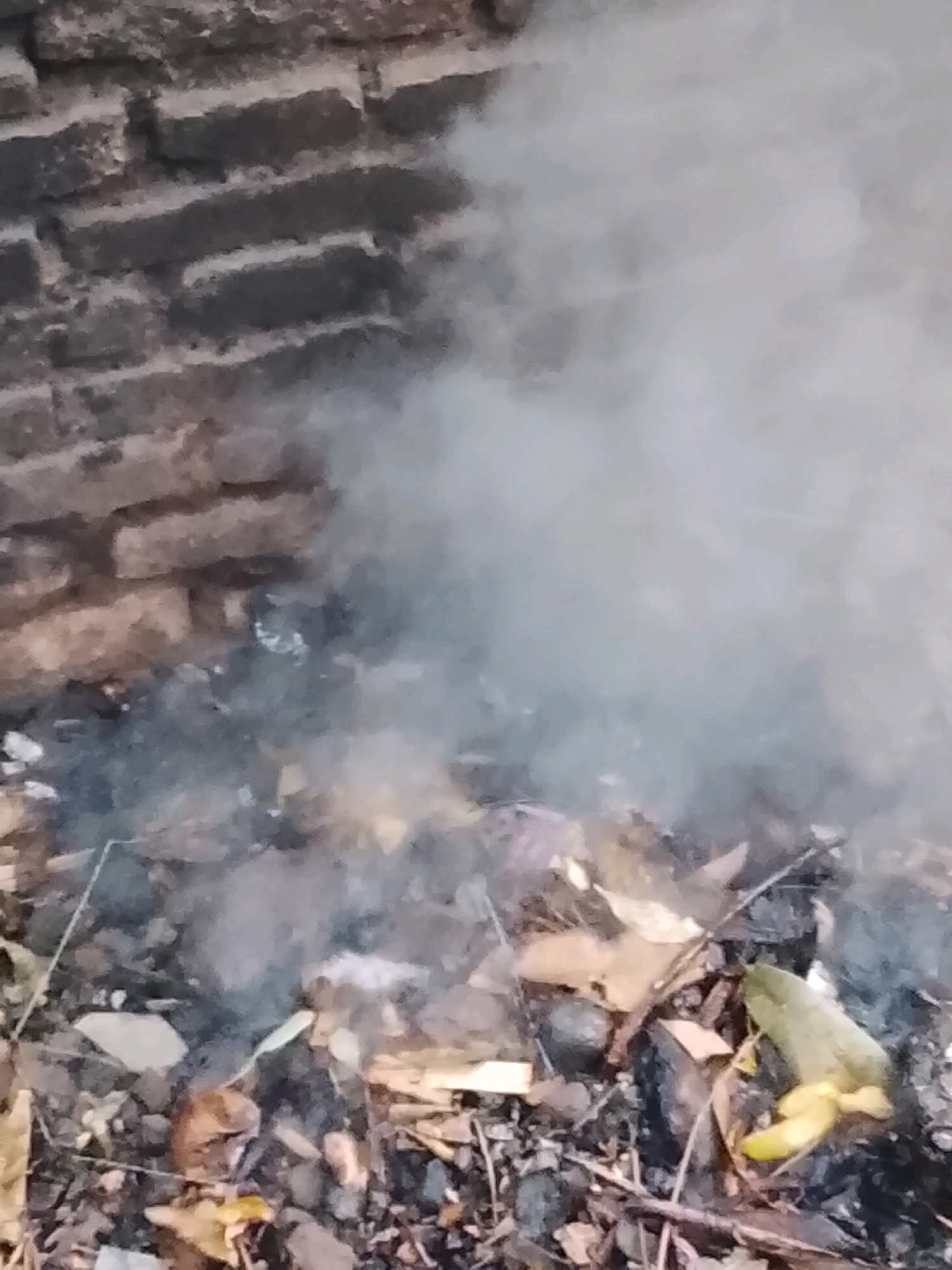 A close-up, slightly out-of-focus shot shows smoke rising from burning leaves and debris in front of a brick wall. The debris appears to be on the ground and includes fallen leaves, small rocks, and twigs. The smoke is a light gray color and obscures much of the background. The brick wall is visible in the upper left corner of the image, with weathered and uneven bricks. The overall scene suggests an outdoor area, possibly a backyard or alleyway, in Ujungrusi, Indonesia, where organic waste is being burned. There are no people visible in the image.