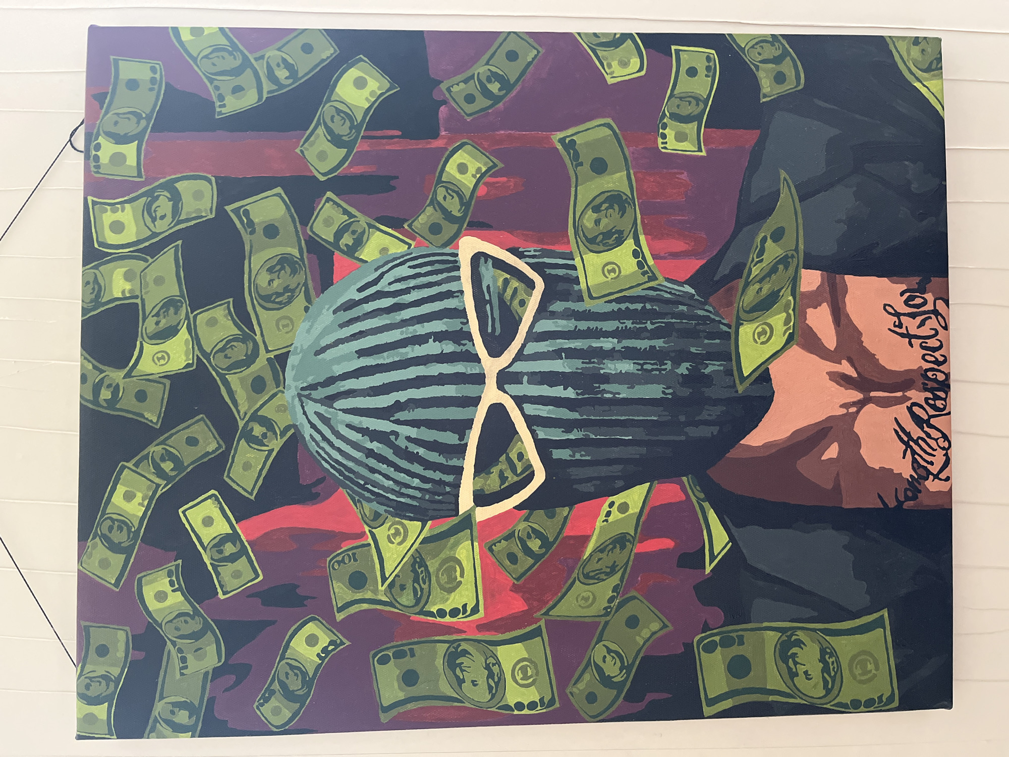 The image is a painting featuring a watermelon wearing gold-framed sunglasses, surrounded by falling US dollar bills. The background consists of dark purple and red hues. A forearm with a tattoo is visible on the right side of the painting. The location is not specified or discernible from the image.