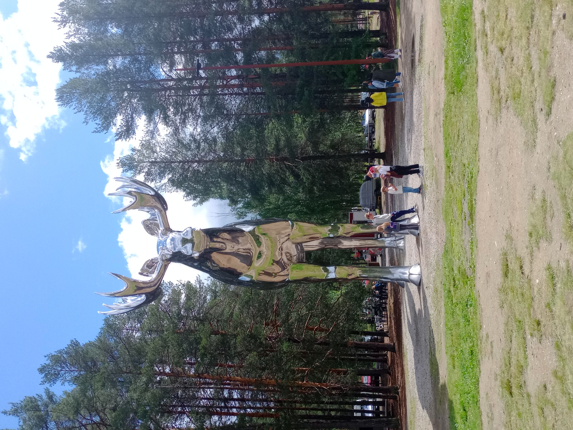 In Atna, Norway, a massive, highly polished chrome sculpture of a moose stands tall amidst a backdrop of tall pine trees and a partly cloudy blue sky. The sculpture, reflecting its surroundings, occupies the central focus of the image. At the base of the sculpture, a group of people are gathered, appearing to admire it. Among them are children and adults, some interacting with each other and others looking towards the sculpture. The ground around the sculpture is a mix of gravel and sparse green grass. In the background, cars and picnic tables are visible, suggesting a public park or gathering area. The overall scene depicts a unique art installation in a natural setting.
