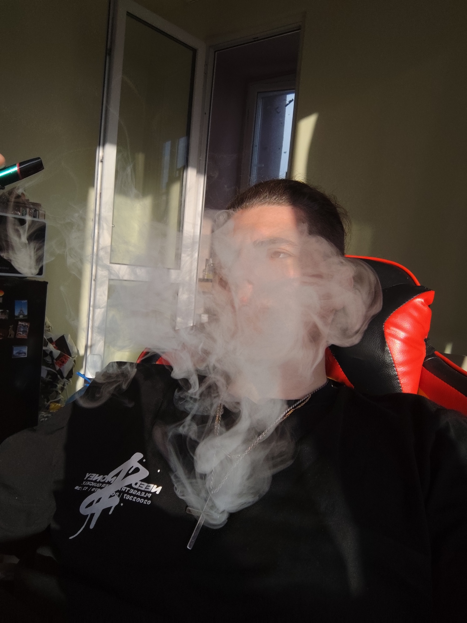 A person is exhaling a large plume of white smoke, obscuring their face. The person is wearing a black sweatshirt with a white logo and a silver chain with a cross pendant. They are sitting in a red and black gaming chair. In the background, there is a window with sunlight streaming through, a refrigerator with magnets on it, and part of a kitchen area.
The provided information does not contain specific information about the location within Stara Zagora, Bulgaria.