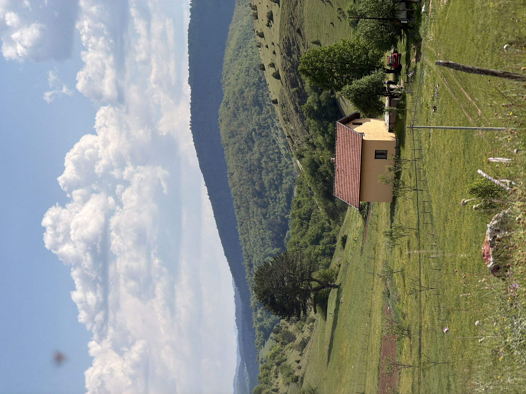 The image captures a rural landscape in Otilovići, Montenegro. A light yellow house with a red-tiled roof stands on a green hillside. Behind the house, a dense forest climbs a steep mountain range. A large deciduous tree is visible in the field below the house. A fence runs along the hillside, and utility poles are also visible. A partially obscured red car and other outbuildings can be seen. The sky is blue with large, puffy white clouds.