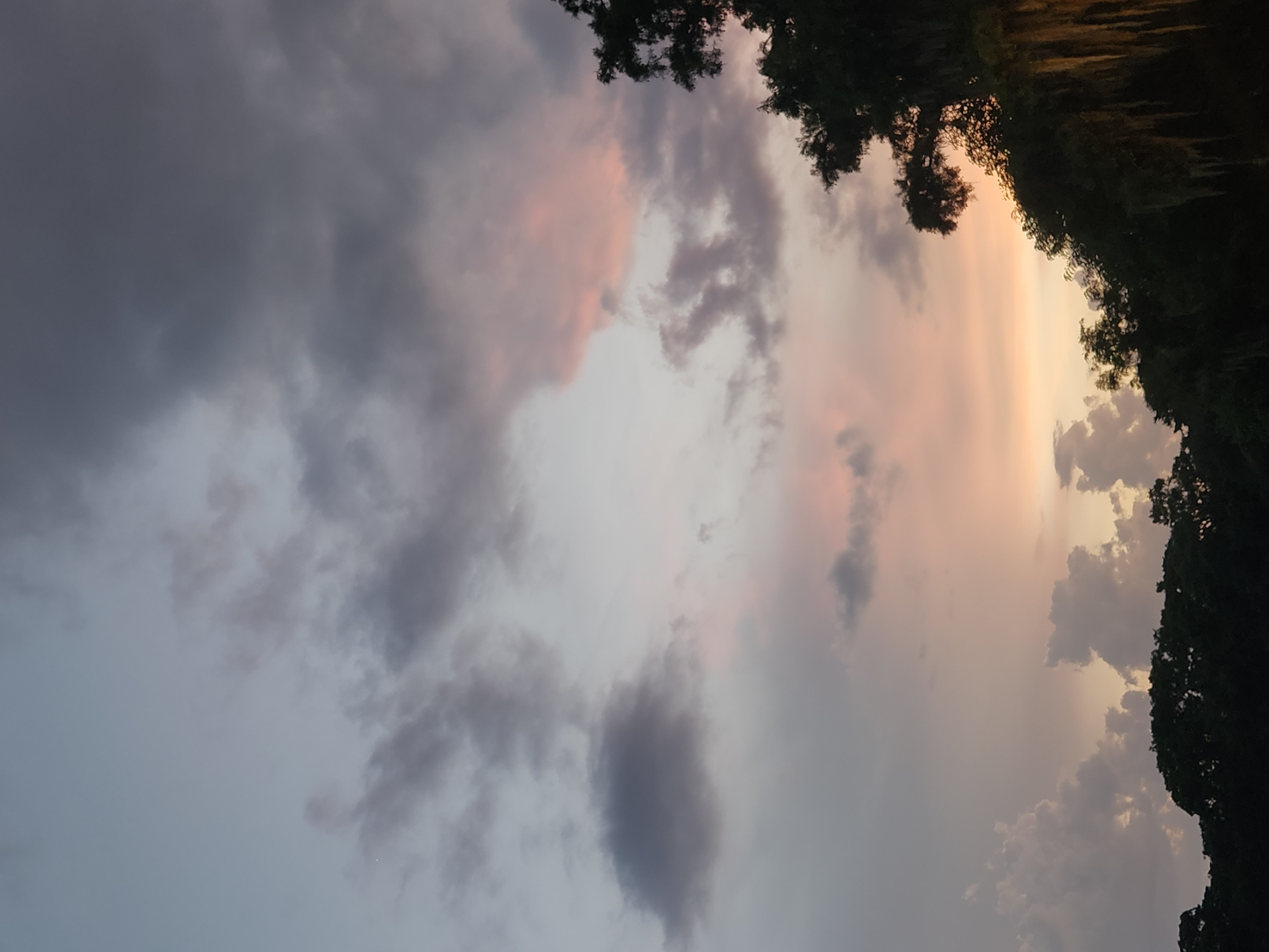 The image shows a sunset over a body of water, likely a lake or river, in Winter Park, Florida, USA. The sky is filled with dramatic clouds, ranging in color from pale gray to soft pink and orange, indicating the sun is setting or has just set. Dark silhouettes of trees, some with Spanish moss hanging from their branches, line the horizon. The trees are lush and indicate a natural, perhaps park-like setting. There are no people or animals visible in the image. The overall mood is serene and picturesque.