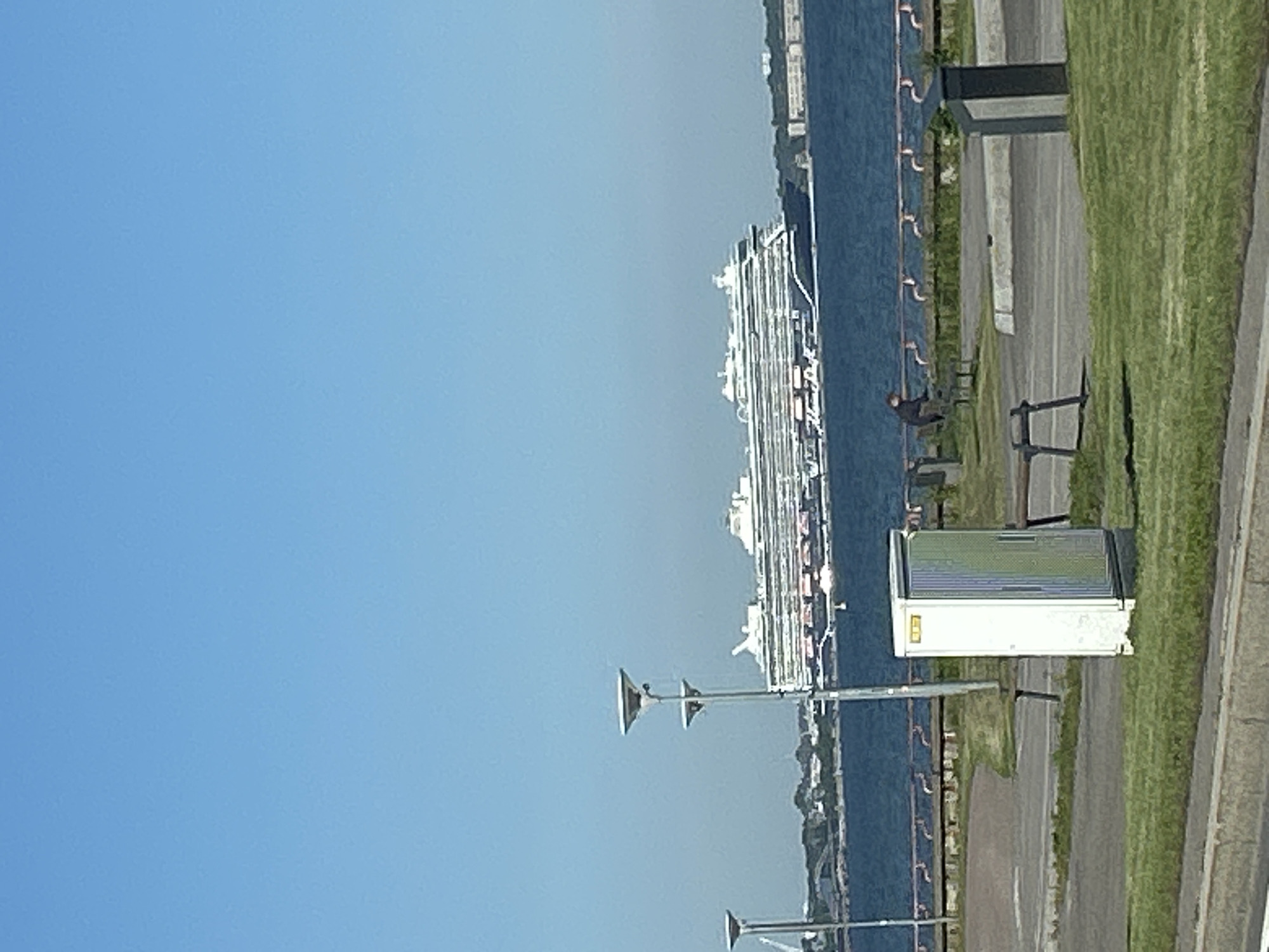 A large cruise ship is seen sailing on a body of water, with a city skyline in the background. In the foreground, there are three lampposts, a white electrical box, two benches, and a person sitting on one of the benches. The environment appears to be a park or promenade by the water, with green grass and a paved walkway. The sky is clear and blue, indicating a sunny day. The image was taken in Tallinn, Estonia.