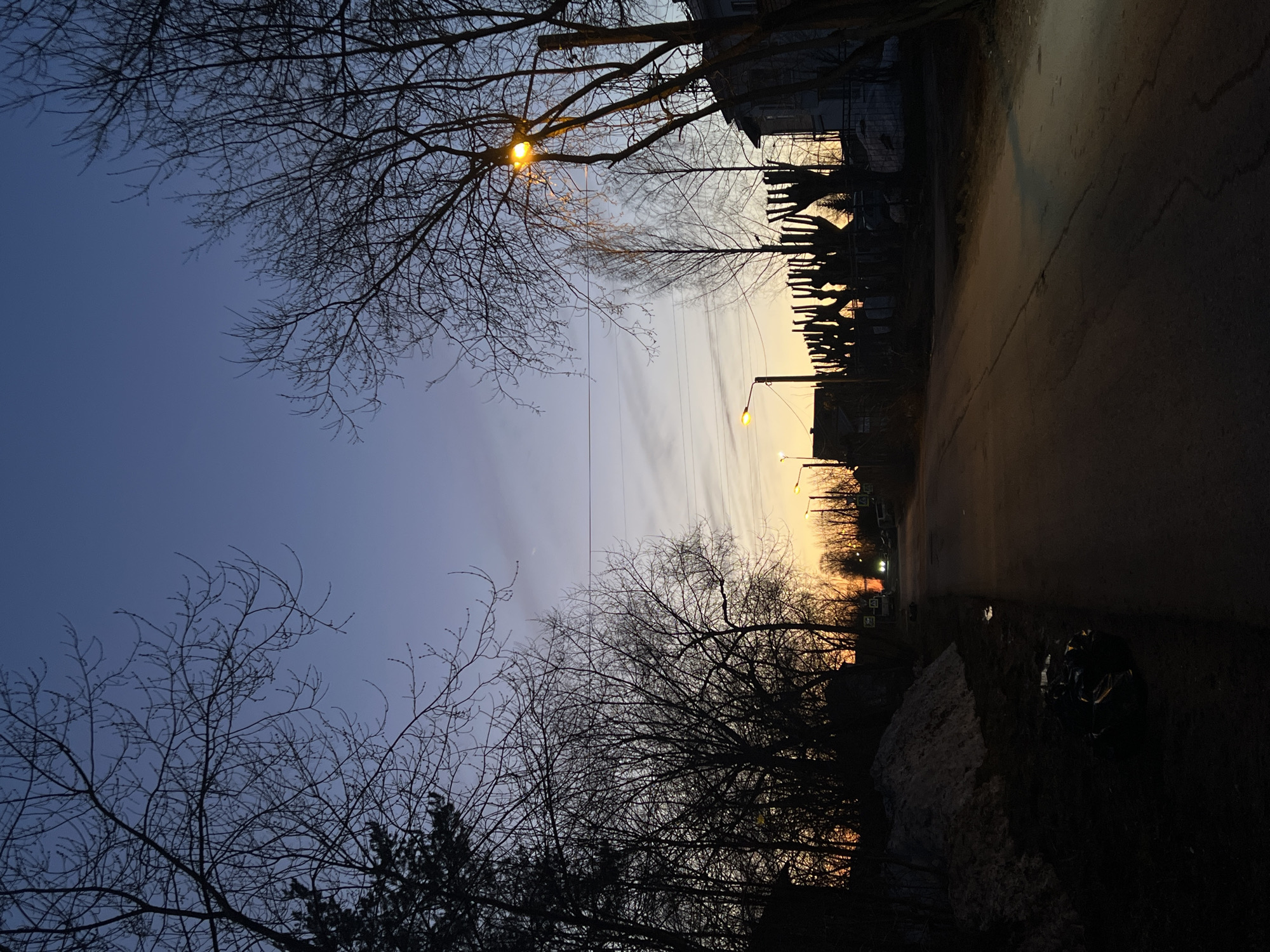 The image depicts a street scene in Berezniki, Russia at twilight. The sky transitions from blue to orange and yellow near the horizon. Silhouetted leafless trees frame the sky. Overhead power lines stretch across the frame. Streetlights illuminate the scene, one in the upper left and several lining the street. A dark road runs alongside a building and fence in the background. The foreground includes a shadowed area with trees and possibly a rock or pile of snow. There are no visible people.