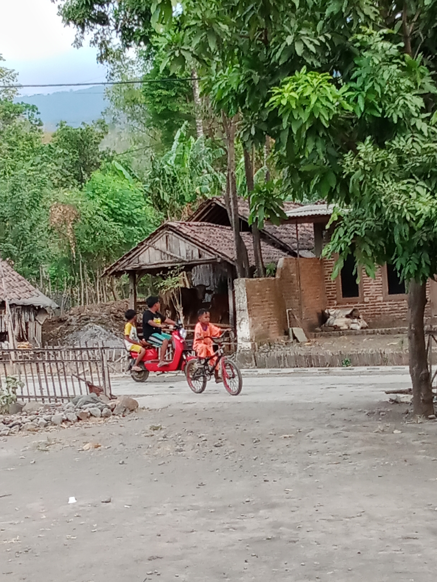 In Selowogo, Indonesia, three young boys are depicted in a rural village setting. One boy, wearing a black shirt and striped shorts, is operating a red scooter with two other boys as passengers. The boy in the middle is wearing a yellow shirt, and the boy at the back is wearing an orange shirt. To the right of the scooter, another boy is riding a red bicycle. The background consists of traditional Indonesian village houses with tiled roofs, dense green foliage, and a distant hilly landscape. The ground is a dirt road, indicating a typical village pathway. The scene captures a moment of childhood activity within a rural Indonesian environment.