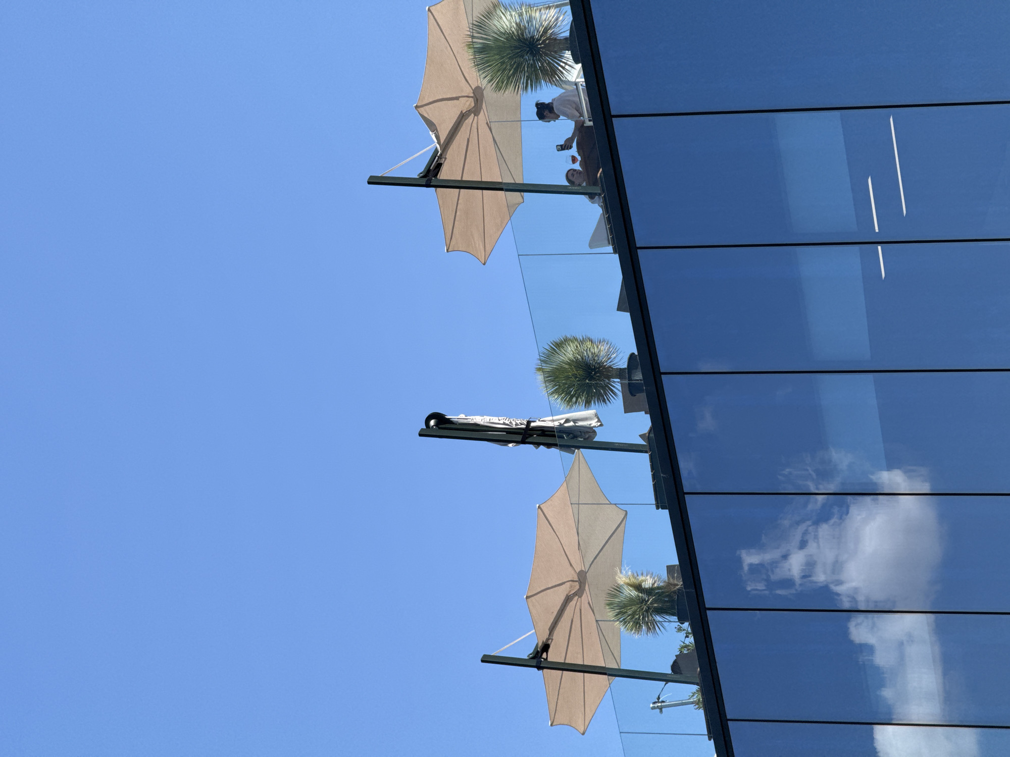 The image shows a rooftop patio area on a clear, sunny day. Two large, beige patio umbrellas are set up on the patio, which is enclosed by a glass barrier. There are two people sitting at a table under one of the umbrellas. One person is holding a phone and a glass of red wine. There are also several potted plants, including some palm-like varieties, on the patio. The patio is situated on top of a modern building with a reflective blue glass facade. The sky is a bright, clear blue, and clouds are reflected in the glass of the building. The scene appears to be in an urban environment, possibly a restaurant or bar with outdoor seating.