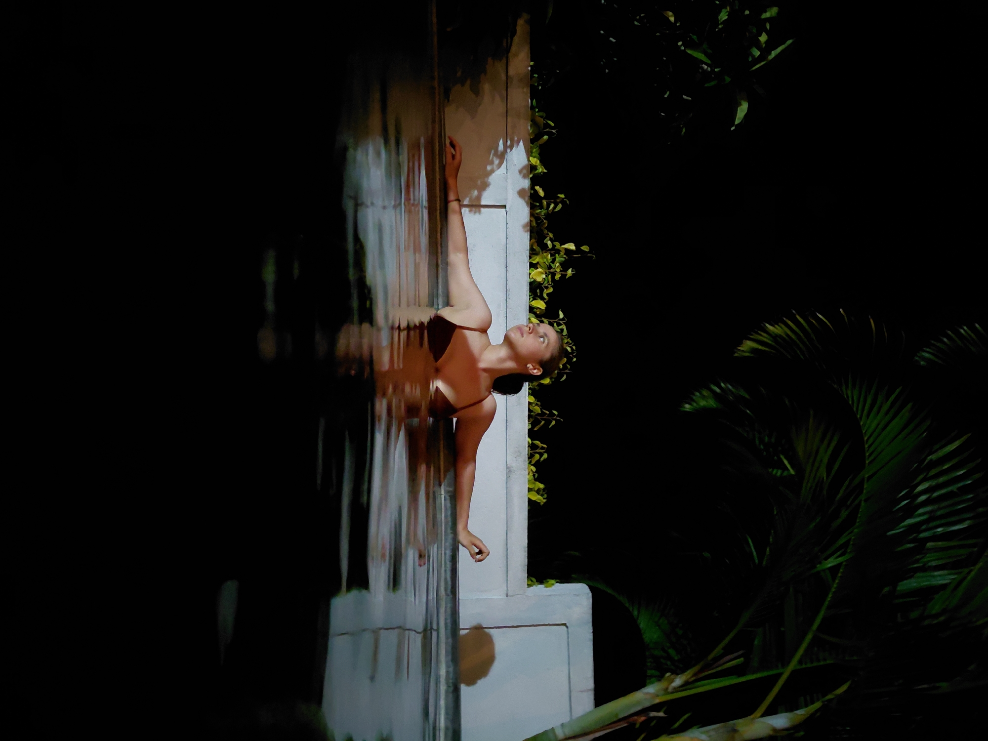 A young woman with dark hair pulled back is partially submerged in a body of water, likely a pool, at night. She is wearing a dark-colored bikini top. Her arms are outstretched, resting on the edge of the water. The background features a white wall with some greenery above it and palm fronds to the right. The water surface is dark and reflective, showing ripples and distortions. The overall lighting suggests an outdoor setting at night.