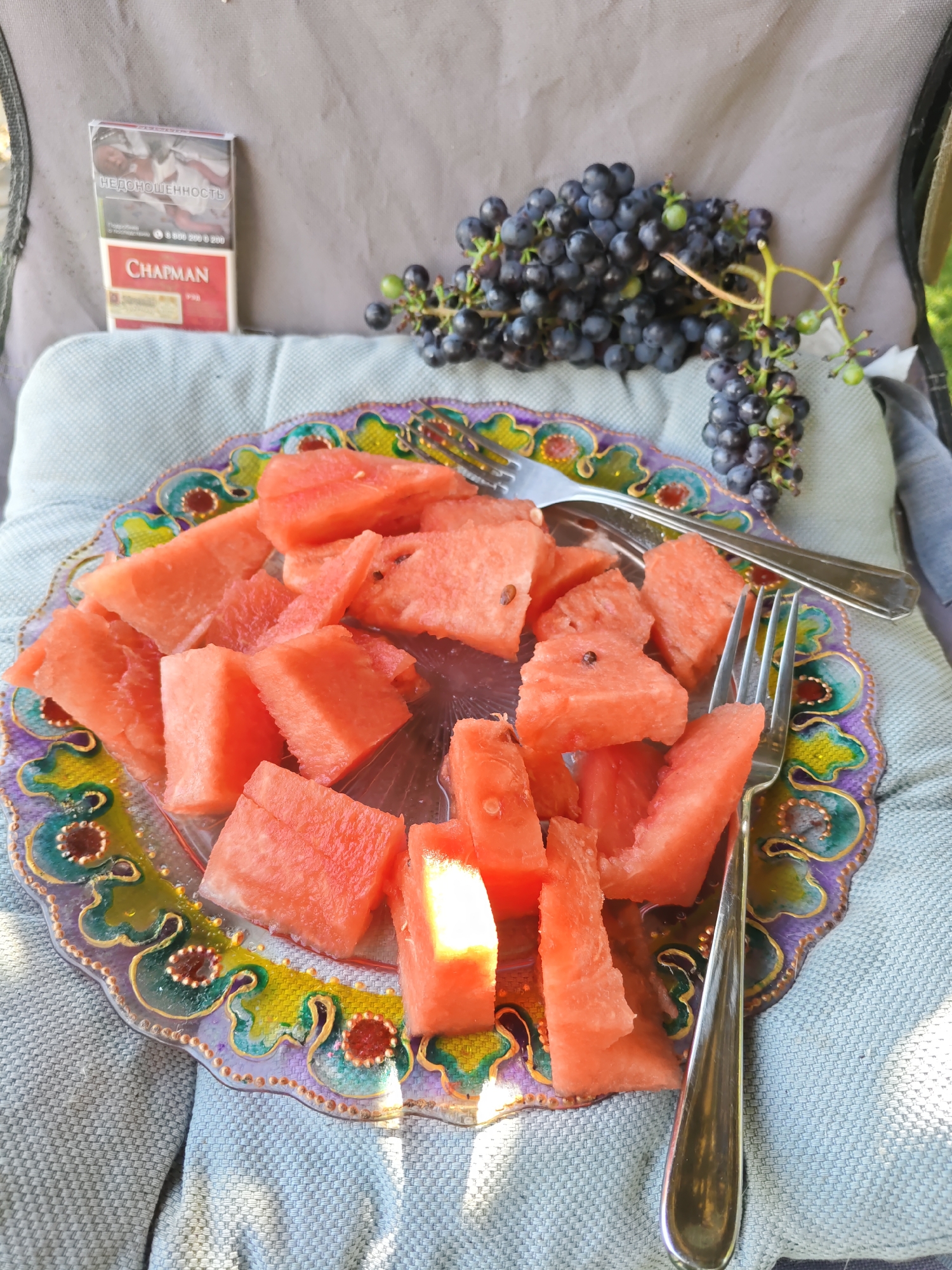 In the city of Olginskaya, Russia, on a light blue quilted fabric surface, a plate of watermelon slices and a bunch of dark grapes are arranged. A pack of Chapman cigarettes stands behind the grapes. Two forks are placed on the plate of watermelon. The scene is set outdoors.
