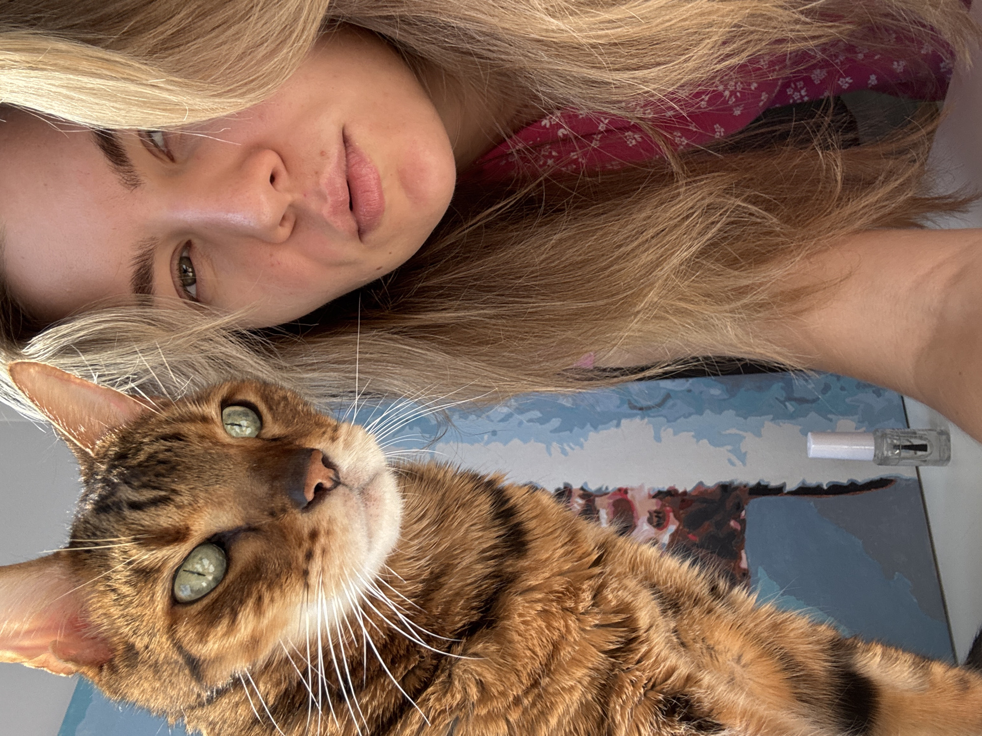 A medium shot captures a Bengal cat and a young Caucasian woman with blonde hair posing for a selfie. The cat is positioned to the left, its head and upper body visible, with bright green eyes and patterned fur. The woman is on the right, her face and hair filling the rest of the frame. She has light skin and blonde hair that frames her face. A small bottle of clear nail polish is visible in the foreground, resting on a white surface. Behind them, a painting with abstract blue and white shapes is partially visible, suggesting an indoor setting. The lighting appears to be natural, casting a warm glow on their faces.