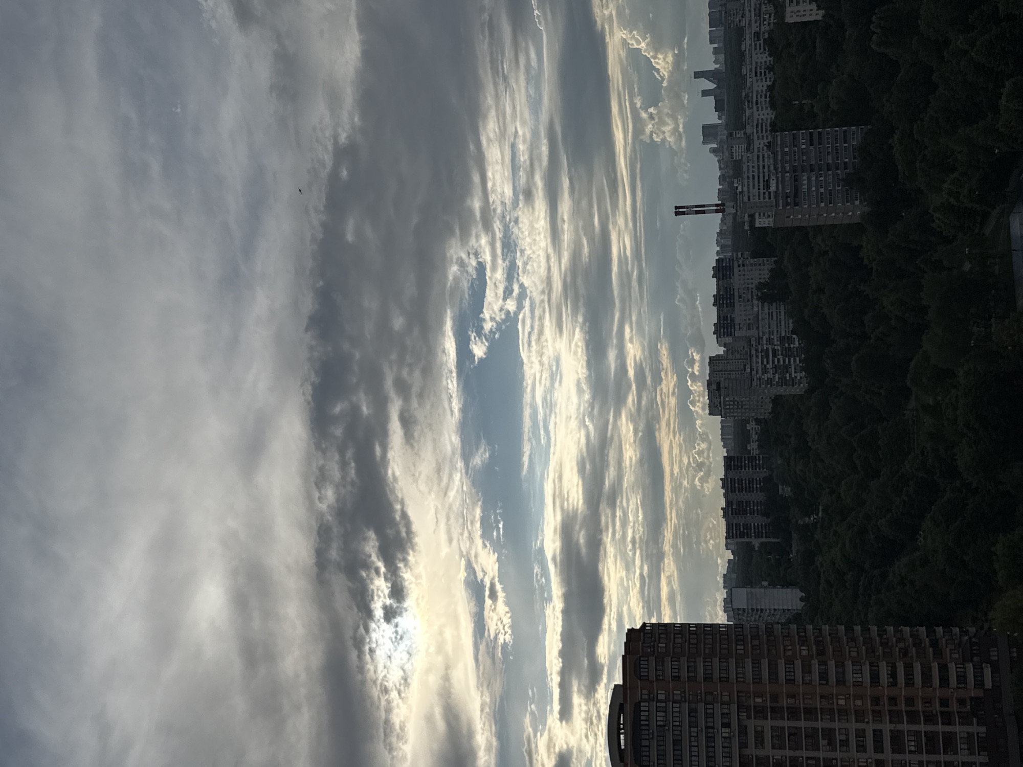 This is a vertical, slightly overhead shot of a city skyline under a dramatic, cloudy sky. The scene is dominated by a vast expanse of sky filled with streaky, wispy clouds in shades of grey, white, and blue. The sun is partially obscured by clouds, creating a soft, diffused light that illuminates the edges of some of the clouds. In the distance, silhouetted against the sky, is a dense line of trees, forming a dark green band across the middle ground.
Rising above the trees are numerous multi-story apartment buildings, characteristic of Soviet-era architecture. These buildings are mostly grey or white and appear stacked closely together, creating a dense urban landscape. One building in the foreground, on the right side of the frame, is a lighter brown color and has a very regular pattern of windows. A couple of industrial smokestacks with red and white banding are visible in the mid-distance, adding a touch of industrial character to the otherwise residential scene. The overall impression is of a bustling city, likely in the late afternoon or early evening, given the quality of light and the dramatic cloud formations. The weather appears to be dynamic, with sunlight breaking through the clouds. There is no visible text in the image.