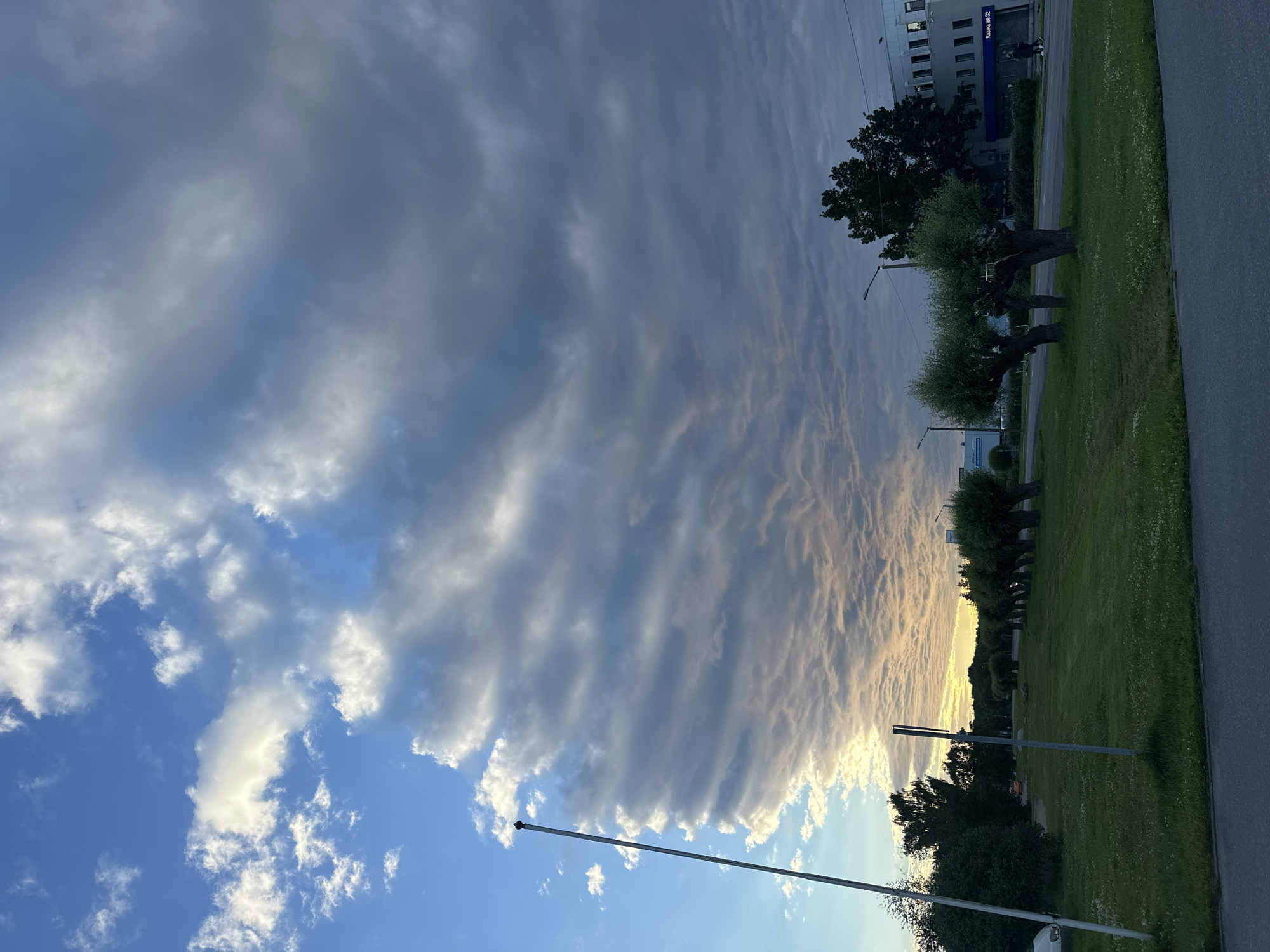 The image depicts an outdoor scene at dusk in Tallinn, Estonia. The sky is dominated by dramatic clouds, with a band of white and grey clouds stretching across the frame, illuminated by the setting sun, which casts a warm, golden glow on their undersides. Lower portions of the sky are a clear, vibrant blue with scattered white clouds.
In the foreground, a paved area transitions into a well-maintained green lawn. A tall, thin metal pole, likely a lamppost or a flag pole, stands vertically in the grass, extending upwards into the sky. Further into the scene, a row of neatly trimmed trees with distinctive, gnarled trunks lines the edge of the lawn. Beyond the trees, a modern, multi-story building with numerous windows is visible. The building appears to be an office or commercial space.
The overall atmosphere is peaceful and serene, characteristic of the end of a day. The lighting suggests it is late evening, as the sun is low on the horizon. The weather appears fair, with the clouds adding visual interest to the sky. There is no prominent activity happening; the scene is static and contemplative. A partially visible white vehicle is present in the lower left corner. The visible text on the building reads "Kuusiku mnt 32".