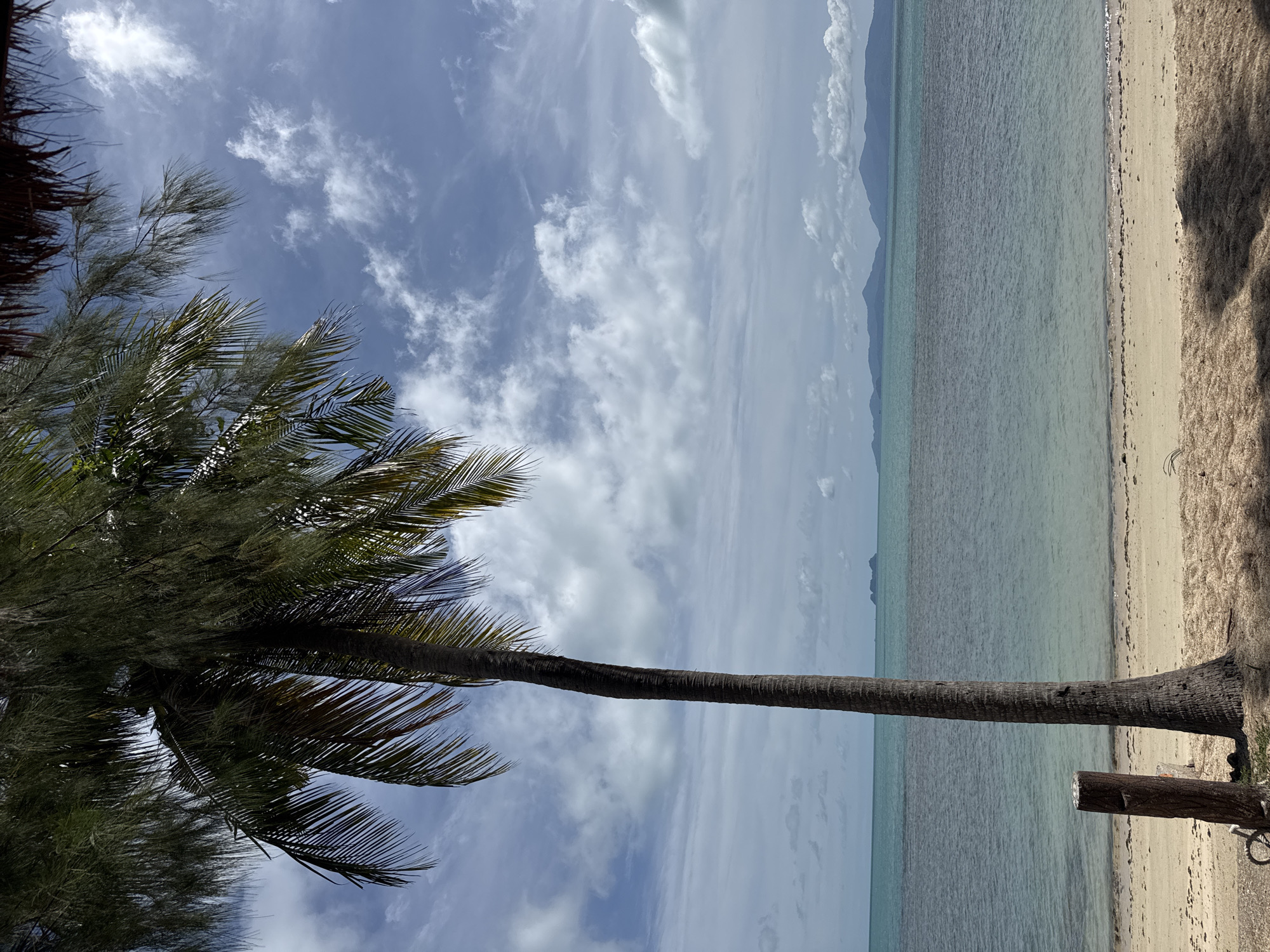 An eye-level, full shot captures a tropical beach scene in Baan Tai, Thailand, under a cloudy sky. In the foreground, a tall, textured coconut palm tree trunk stands prominently on the right, its fronds extending towards the top left corner. A smaller, weathered wooden post with a rope tied around its base is positioned to the left of the palm. The sandy beach slopes gently down to the water. The calm, shallow ocean exhibits shades of turquoise and blue, with a visible horizon line where it meets the sky. In the distance, a chain of low, hazy mountains forms a silhouette against the sky. The upper right corner of the image shows a glimpse of a thatched roof, suggesting shelter or a dwelling.