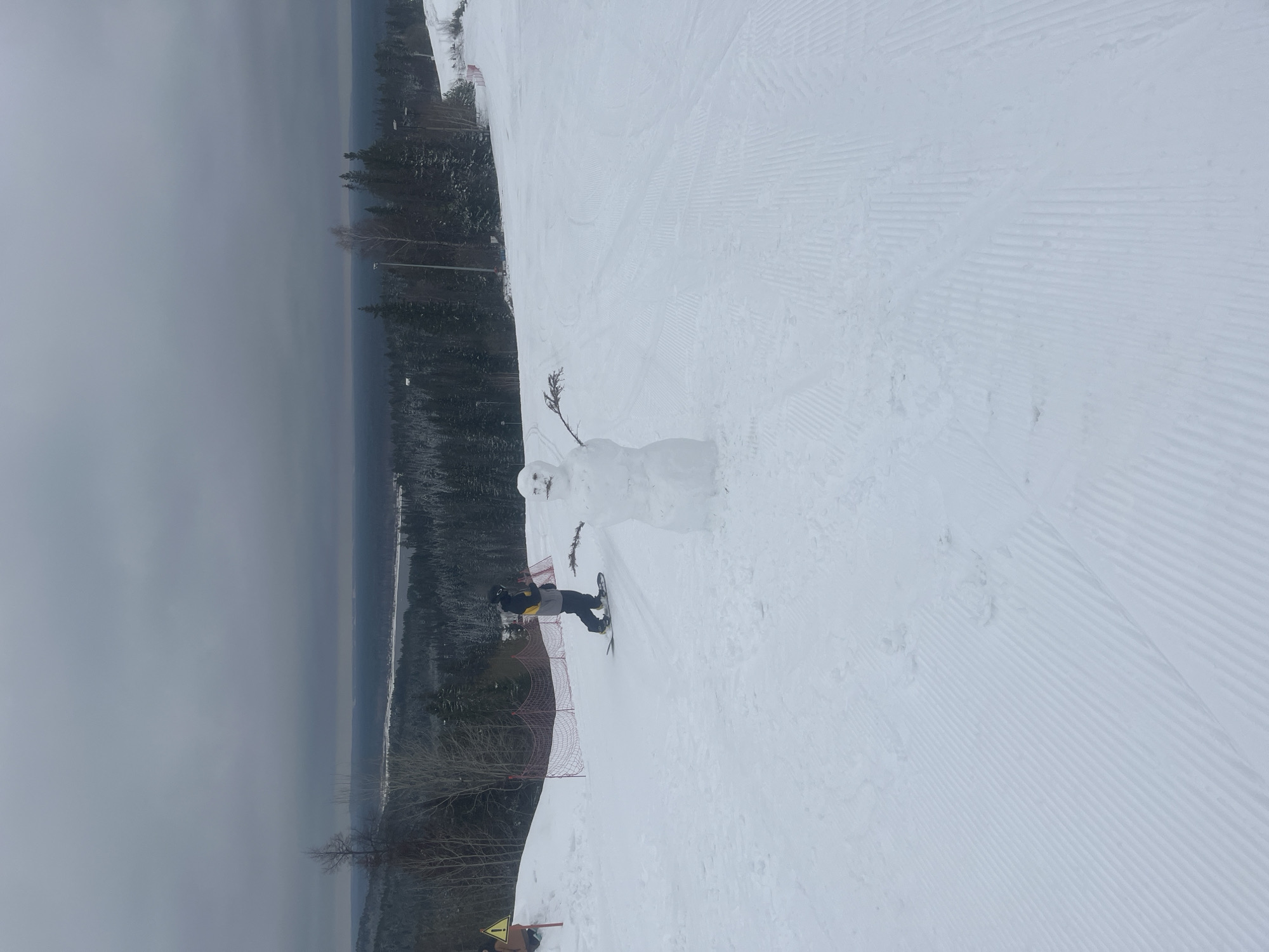A snowboarder, wearing a black helmet and dark clothing with yellow accents, is riding down a snow-covered ski slope at the Nechkino Ski Resort. A snowman with stick arms stands on the right side of the slope. The ski slope has been groomed, leaving corduroy patterns in the snow. The edge of the slope is lined with a safety net and bare trees. In the background, there is a view of a forest and an overcast sky.