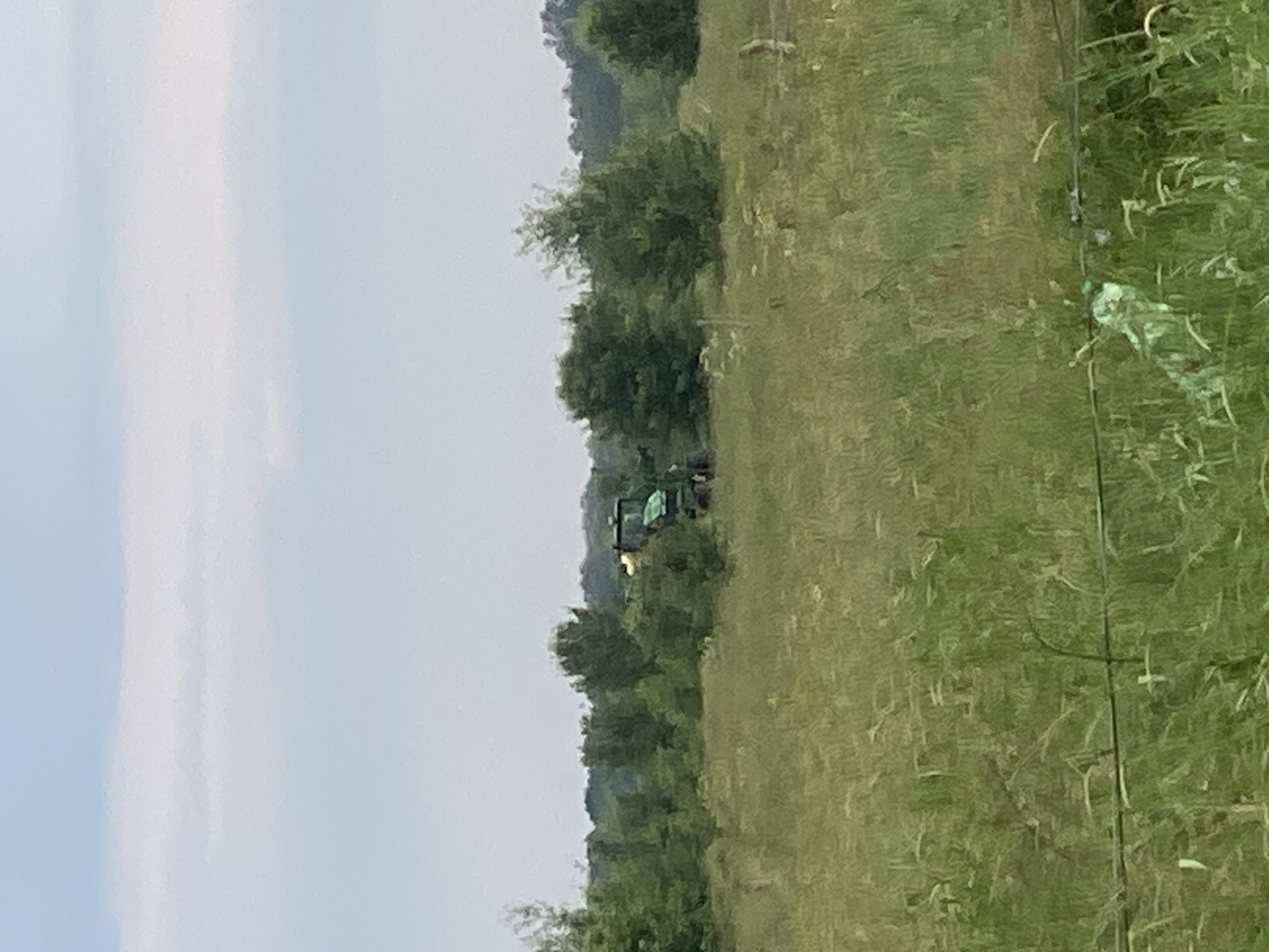 The image displays a rural landscape in Ustyvytsia, Ukraine, under an overcast sky. The upper portion of the frame reveals a pale blue sky with faint, diffuse white cloud formations stretching horizontally. A distant, dark green treeline forms the horizon, delineating the background from the sky.
The midground features an expansive field of vibrant green vegetation, consisting of tall grasses and scattered deciduous trees of varying sizes. Slightly to the right of the central axis, a green agricultural tractor is partially visible, its rear and top section emerging from the foliage. A distinctive bright yellow component, possibly a tank or implement, is visible on its rear, suggesting active agricultural work.
The foreground is dominated by dense, uncultivated green grasses and weeds, partially obscuring the lower ground. A horizontal, dark multi-strand wire, resembling a fence line or utility cable, runs across the lower part of the frame, partially embedded in the foreground vegetation. Attached to this wire, in the lower right quadrant, is a crumpled, light green translucent plastic bag or sheet. No human figures or animals are discernable in the scene. The overall impression is one of an active rural or agricultural environment.