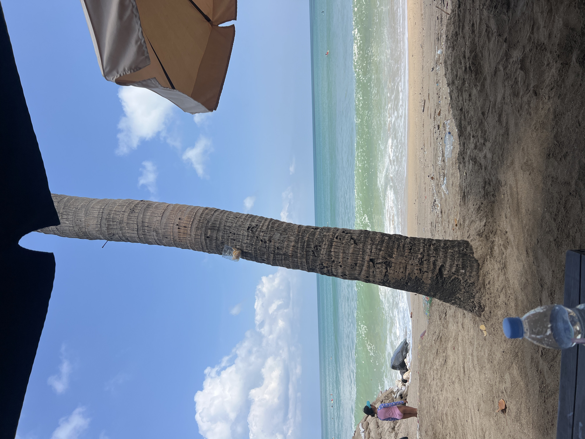 The image depicts a beach scene in Kuta, Indonesia, on a sunny day with a bright blue sky and scattered white clouds. A large palm tree trunk dominates the foreground, leaning towards the right. A light brown beach umbrella is visible in the upper right corner, partially obscuring the sky. The ocean, with gentle waves and a greenish hue, stretches to the horizon. On the sandy beach, a young child wearing a pink swimsuit and a blue swim cap is standing near a pile of sandbags and rocks. In the mid-ground, several people are visible in the water, appearing to be swimming or surfing. The sand on the beach is littered with some small pieces of debris, including plastic bottles and other trash. In the lower foreground, a clear plastic water bottle with a blue cap rests on a dark surface, possibly a table. The scene conveys a typical day at the beach, with a mix of natural beauty and signs of human presence.
