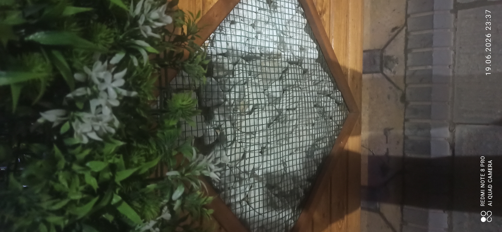 In the center of the image, a diamond-shaped opening is covered with a black mesh grid. Inside the opening, a layer of small, light-colored stones is visible. The opening is set within a wooden structure that appears to be part of an outdoor decorative element. Above the opening, there is dense foliage with green leaves and some white flowers. The lower part of the image shows a paved surface with shadows. A timestamp and text indicating "REDMI NOTE 8 PRO AI QUAD CAMERA" are present in the bottom left corner, and a date and time stamp "19.06.2026 23:37" are in the bottom right corner.