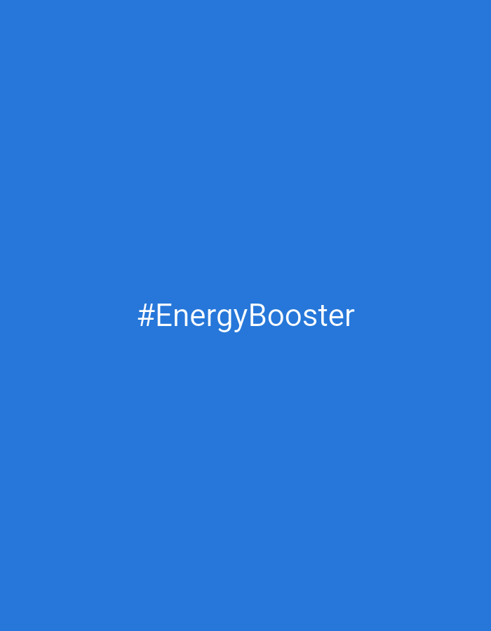 The image displays the text "#EnergyBooster" in white, centered on a solid blue background. There are no people, objects, actions, or interactions visible. The background is a uniform shade of blue, with no discernible environmental details or location markers within the image itself. Therefore, it is impossible to determine the location within the city of Listvyanka, Russia, or any other geographical context based solely on this visual information.
