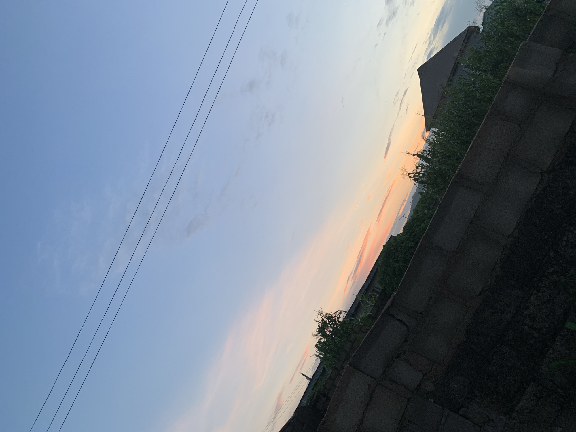 A high-angle, medium shot captures a rural sunset scene in an unspecified location. The sky is a gradient of soft blue with wisps of pink and orange clouds. Three dark power lines stretch diagonally across the upper portion of the frame. In the foreground, a dark, textured brick wall runs diagonally from the bottom left. Behind the wall, dense green corn stalks are visible, interspersed with a dark-roofed house and what appears to be other vegetation. The overall impression is one of a peaceful, rural evening.