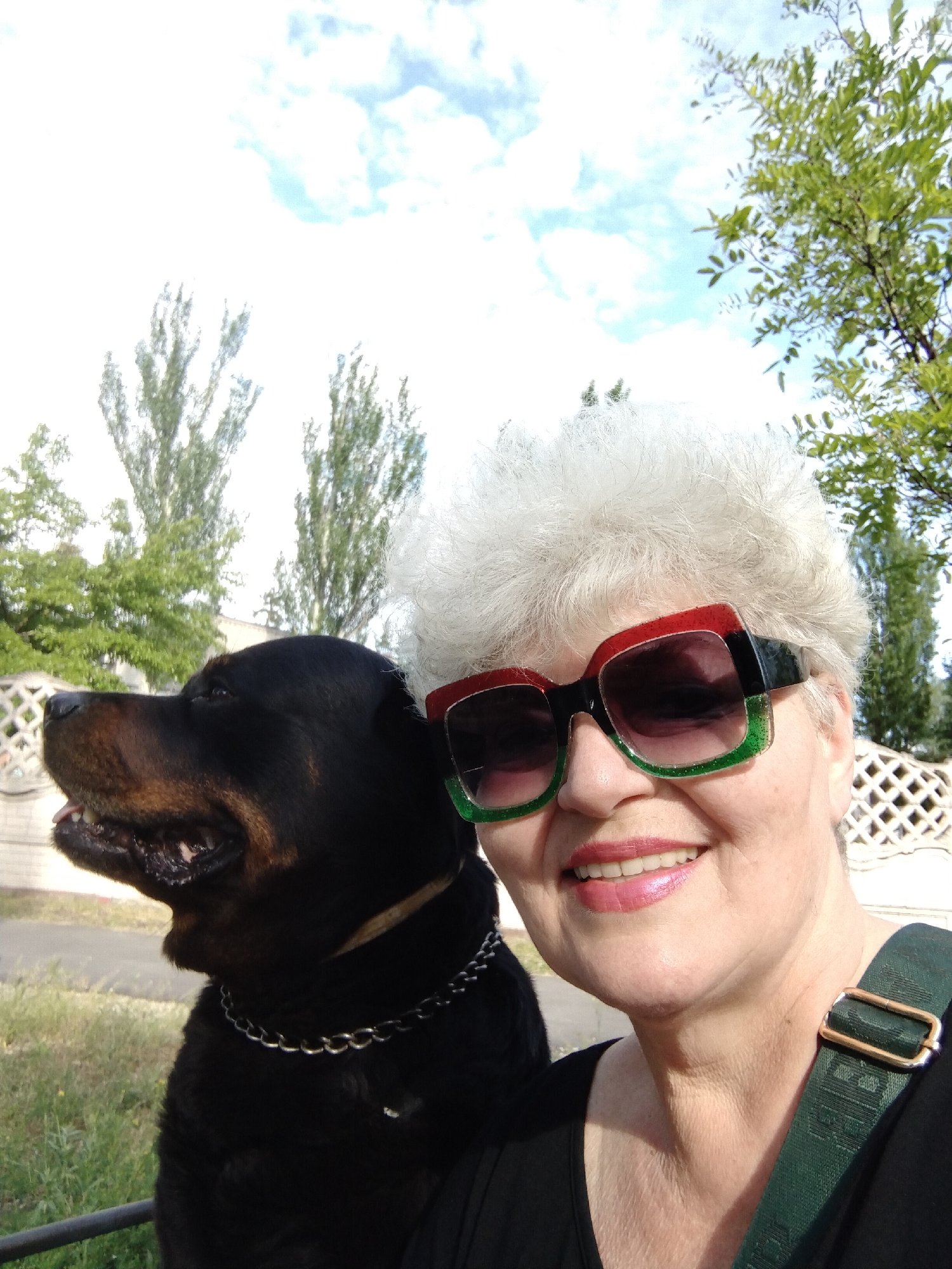 A selfie taken outdoors features a woman and a Rottweiler. The woman, positioned on the right side of the frame, has short, gray hair, and is wearing sunglasses with a red, green, and black frame. She is smiling with lipstick on. A green strap is visible over her shoulder. The Rottweiler stands on the left side of the frame, with a black collar around its neck. In the background, there are trees and a building with a white, ornate fence. The sky is blue with some clouds. The location is believed to be in the city of Horishni Plavni, Ukraine.