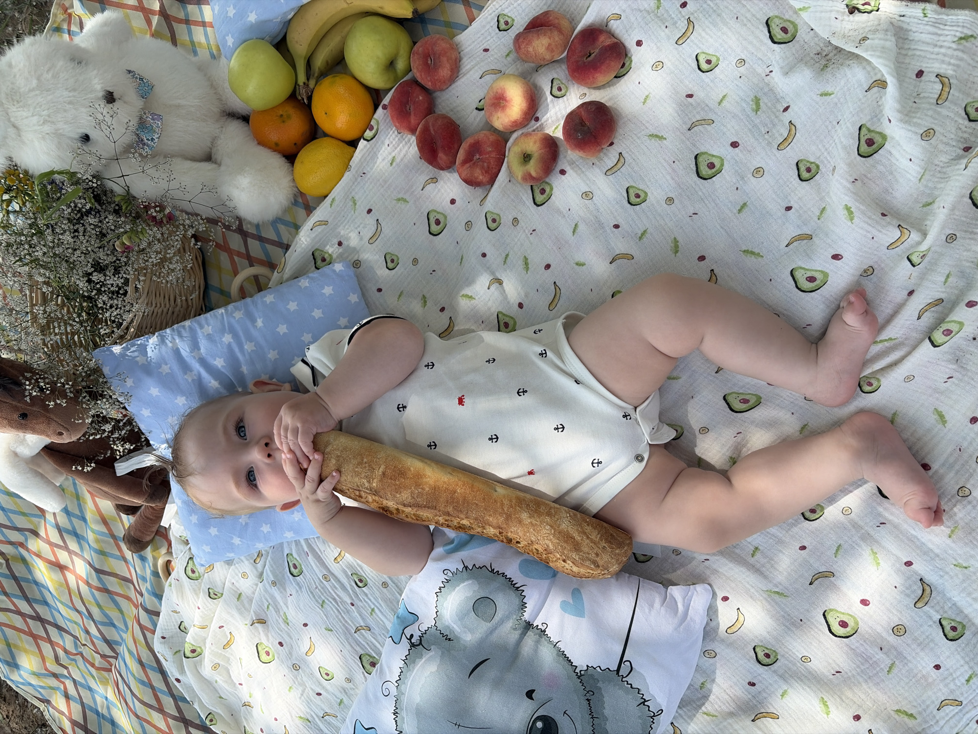 In Noviy, Russia, a baby lies on a picnic blanket adorned with illustrations of avocados and bananas. The baby is propped up on a blue pillow with white stars and is holding a baguette. Nearby, a plush white teddy bear sits with a blue bow tie, and a wicker basket overflowing with white flowers. A selection of fruits including peaches, oranges, a lemon, and a green apple are scattered around the picnic scene.