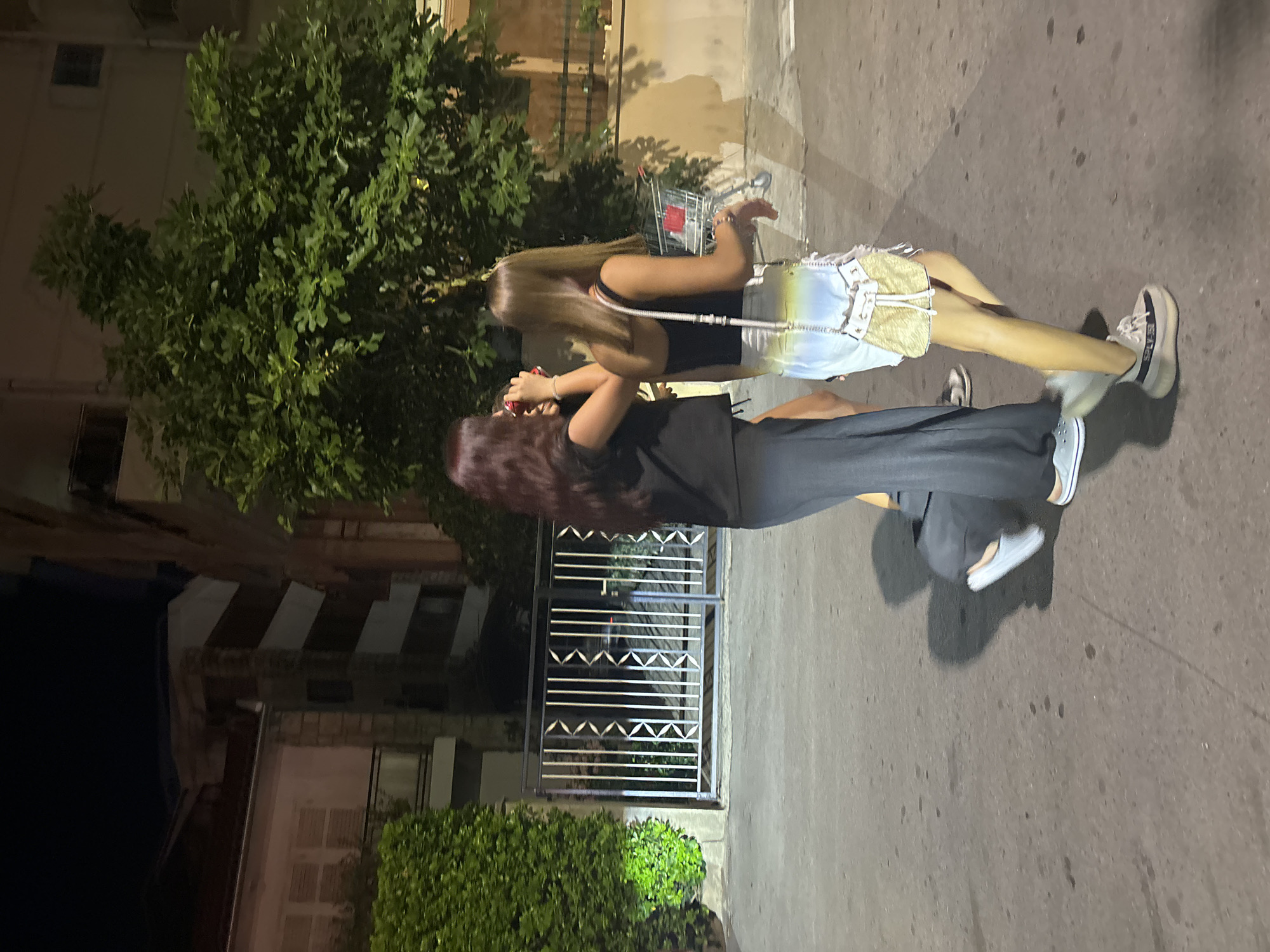 Two young women walk on a paved street at night in Budva, Montenegro. The woman on the left has long, dark red hair and wears a black top and a long, dark gray skirt. She is looking towards the right and appears to be holding a red object to her mouth. The woman on the right has shoulder-length light brown hair and wears a black tank top and a light-colored, ombre denim skirt. She carries a light-colored, woven purse with a chain strap over her shoulder and walks beside a small, red shopping cart. They are walking away from the camera. The background features a large, lush green tree, a building with dark horizontal stripes, and a metal gate with a decorative pattern. Streetlights illuminate the scene, casting shadows on the pavement.