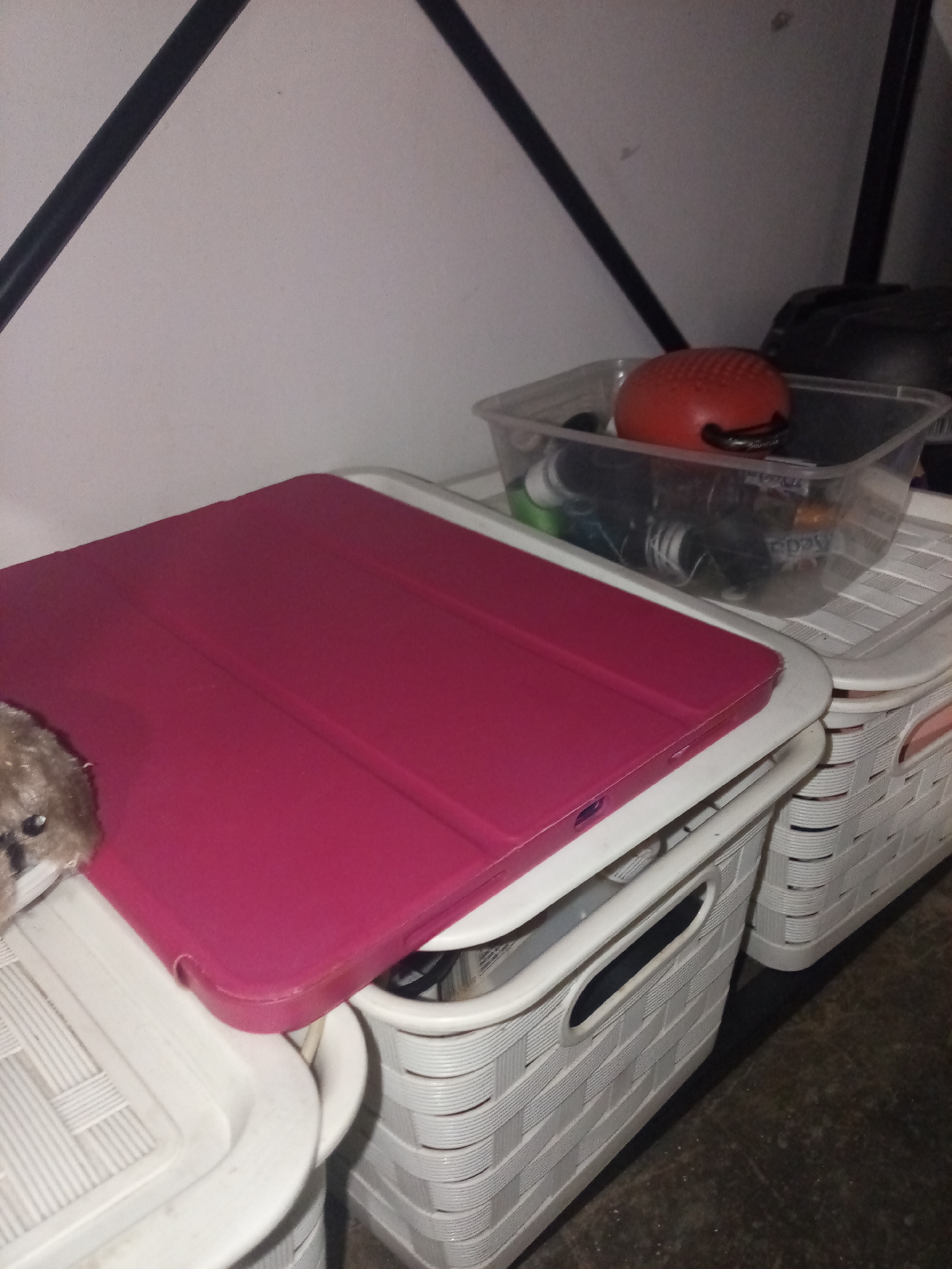 The image captures a static scene within an indoor storage area, likely a utility space or closet in Davao City, Philippines. The main subjects are various storage containers.
In the foreground, a bright pink-cased tablet or e-reader rests on top of a white, woven-pattern plastic storage basket. To the left of the tablet, partially visible, is a small, fluffy, light brown toy animal head. Adjacent to this arrangement, a clear rectangular plastic container holds several items, most notably a red, textured, oval-shaped object with a black handle, possibly a brush or scrubber. Other items within the clear container include various bottles or tubes, with faint lettering that might read "edas" or "edpas" visible on one label. This clear container is placed on top of another matching white storage basket. More of these white baskets are visible extending to the right and below, suggesting a stacked storage system.
The background features a light-colored wall traversed by two dark, diagonal lines, indicating support beams or shelving structures. The floor is a dark, textured surface. The lighting appears to be artificial and somewhat dim, consistent with an interior storage space. There is no activity taking place, and no people are present, conveying a sense of quiet and organized storage within a domestic setting.
