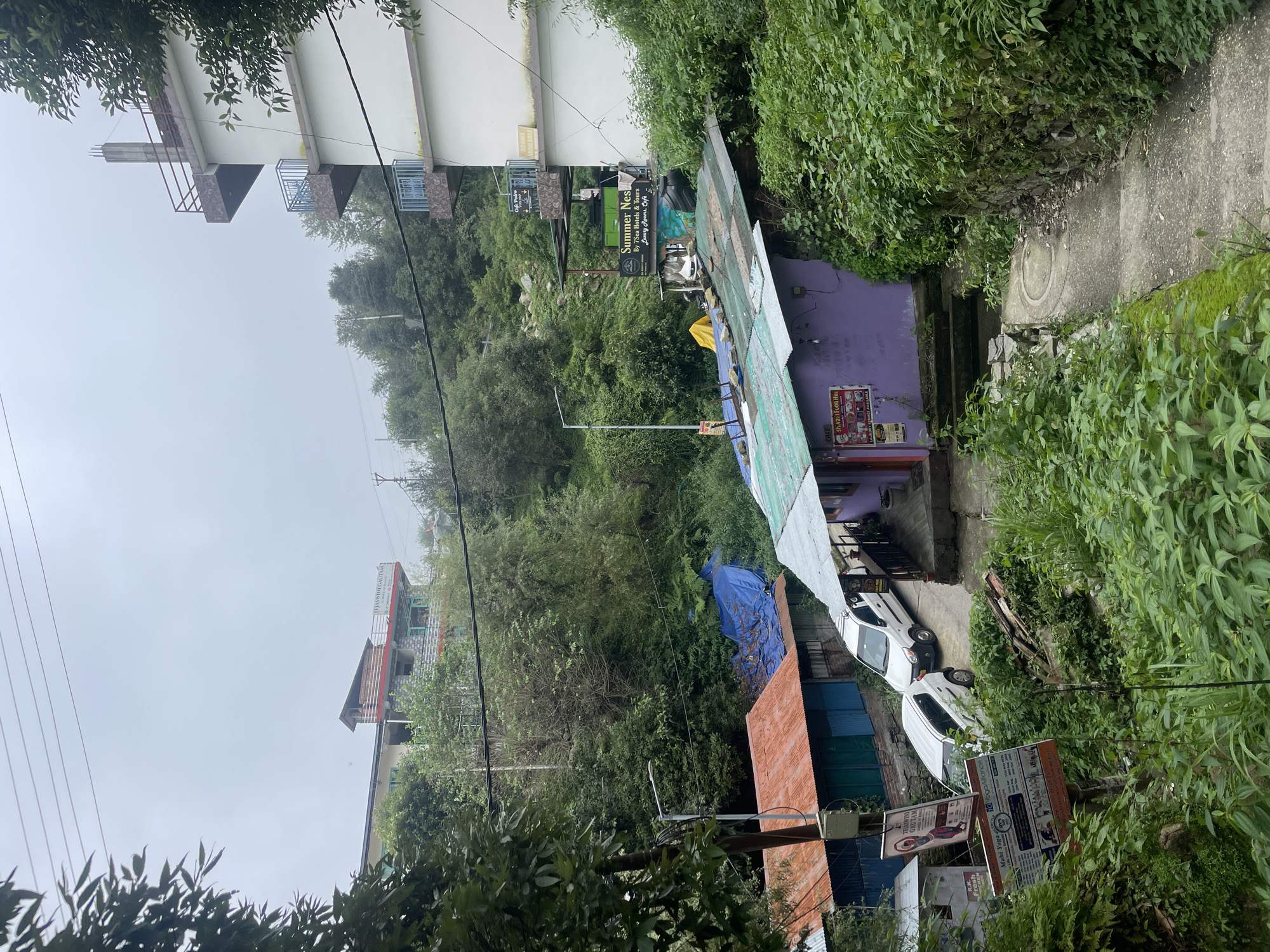 The image shows a street scene in Bhagsu, India, with buildings nestled into a hillside. A paved path with stone steps winds down through lush green vegetation. On the right, a multi-story white building with balconies is visible. Below it, a purple building with a green corrugated roof has signs advertising "Cafe Shivam Food Hub" and "Laundry Service Available." To the left of the purple building, a row of structures with reddish-orange and blue roofs are situated. Two white cars are parked on the paved area in front of these buildings. Several signs are mounted on a utility pole in the foreground, including one for "Mahi Yoga" and another for "Yogalance." Overhead, power lines crisscross the sky, which is overcast. The overall scene depicts a busy, densely built area with abundant greenery.