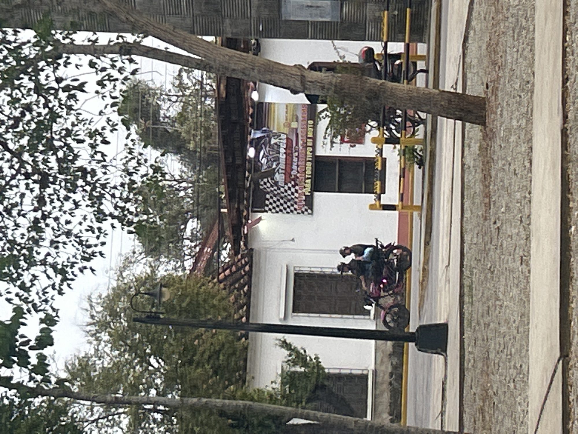 In the city of Santa Ana, Venezuela, an outdoor scene unfolds with a white building in the background, featuring a tiled roof and two dark-colored windows. A sign displaying a checkered flag and the word "MOTORCYCLE" is prominently displayed on the building's facade. In front of the building, two individuals are seated on a pink motorcycle. One person is driving, while the other is a passenger. They are positioned on a paved road, with a sidewalk and a grassy area bordering the road. A lamppost stands near the road, and several trees are visible, some with dense foliage. The overall atmosphere suggests a casual, everyday moment in the city.